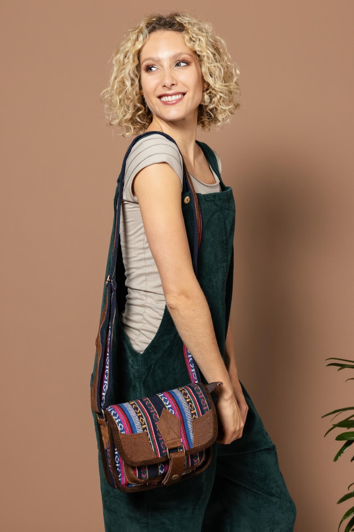 Buffalo Leather & Woven Cotton Bag from Nepal - Auray