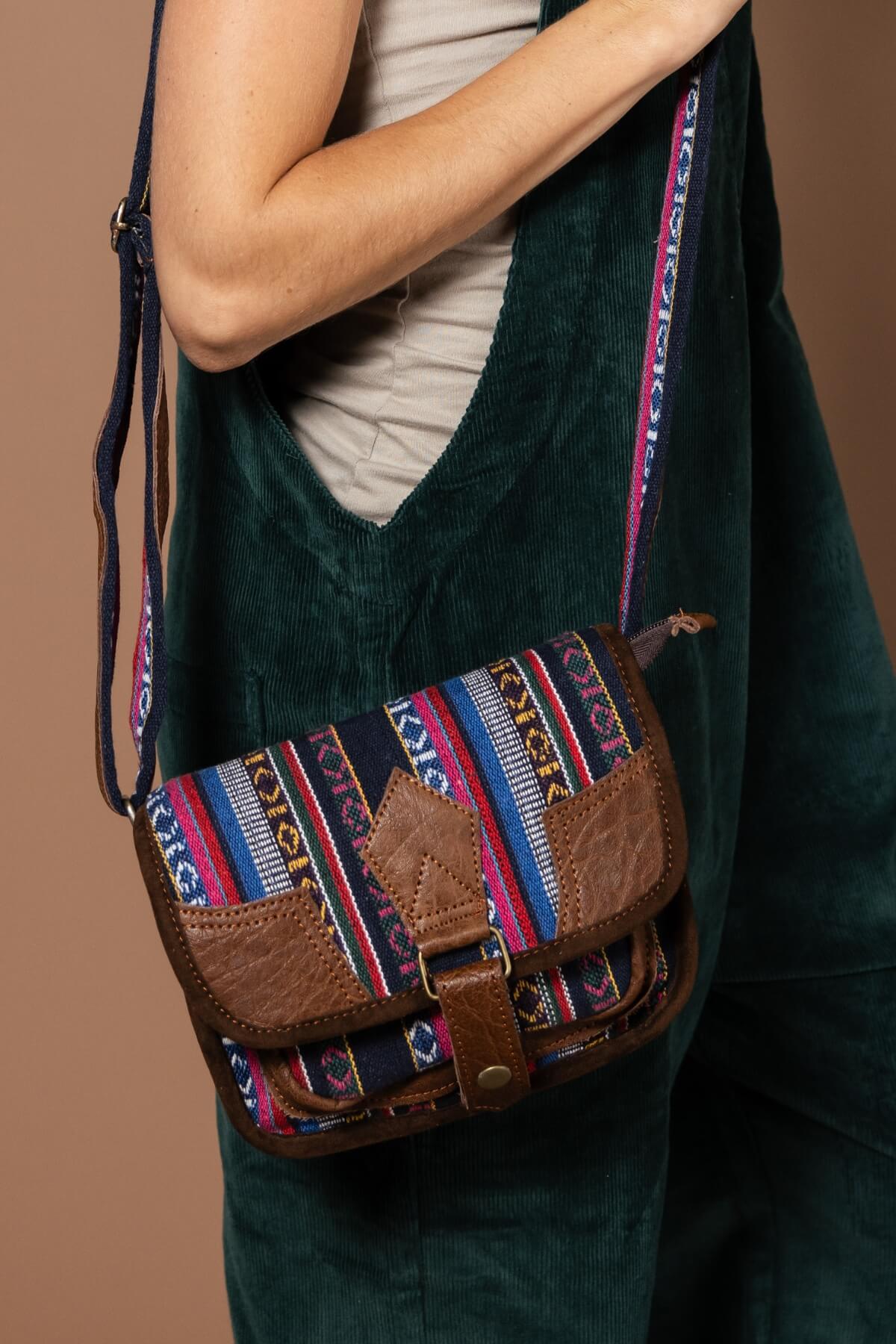 Buffalo Leather & Woven Cotton Bag from Nepal - Auray