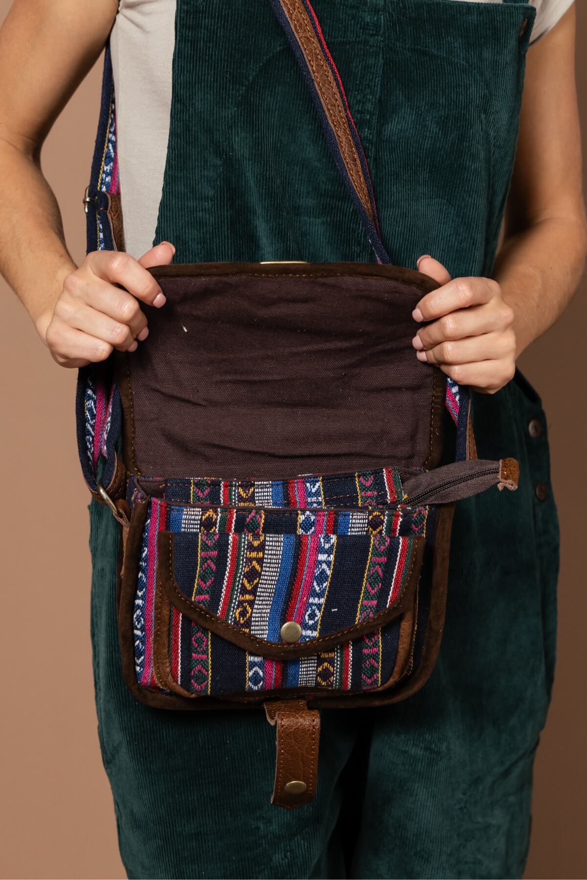 Buffalo Leather & Woven Cotton Bag from Nepal - Auray