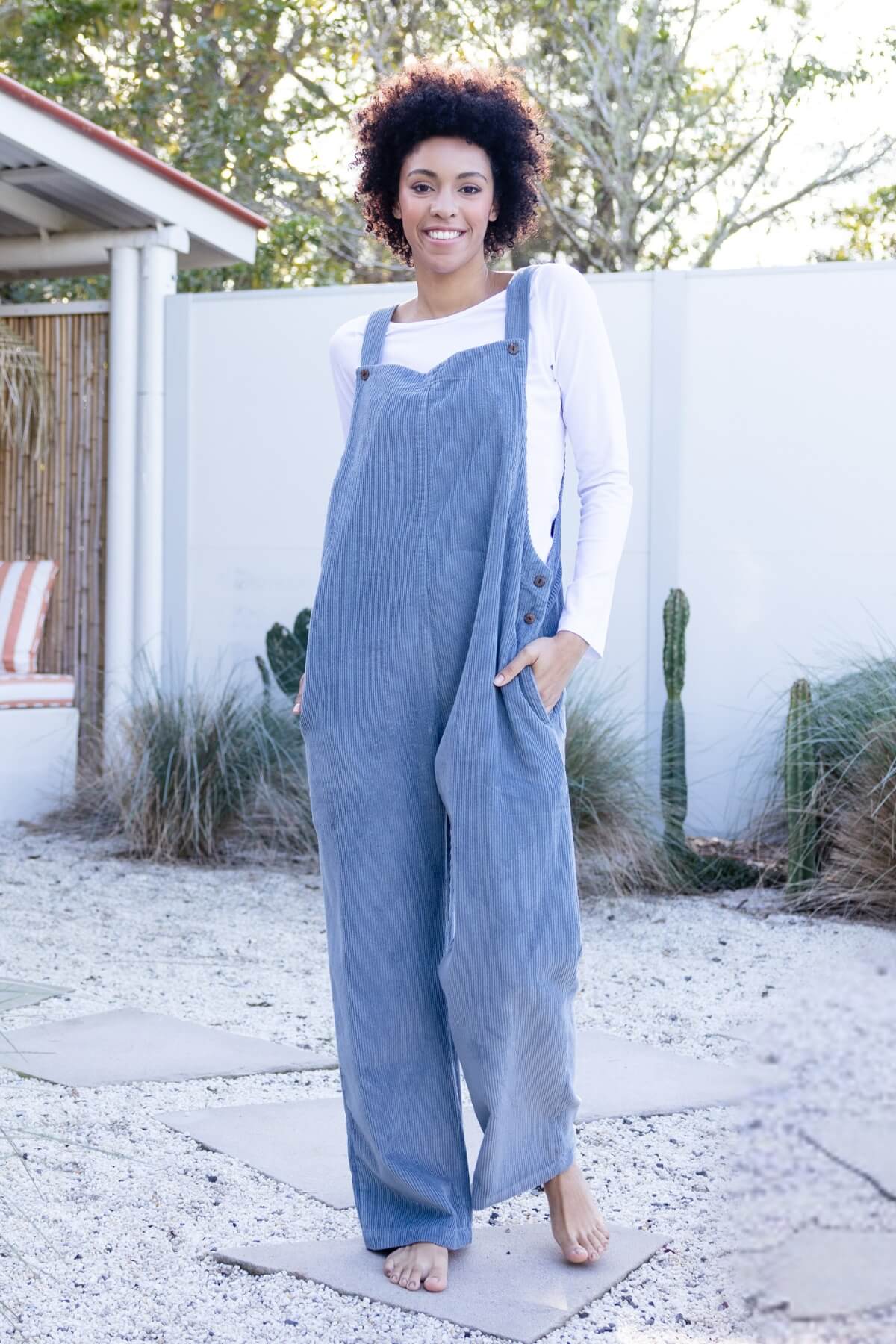 Surya Corduroy Overalls Dungarees made in Nepal - on location in Huskisson