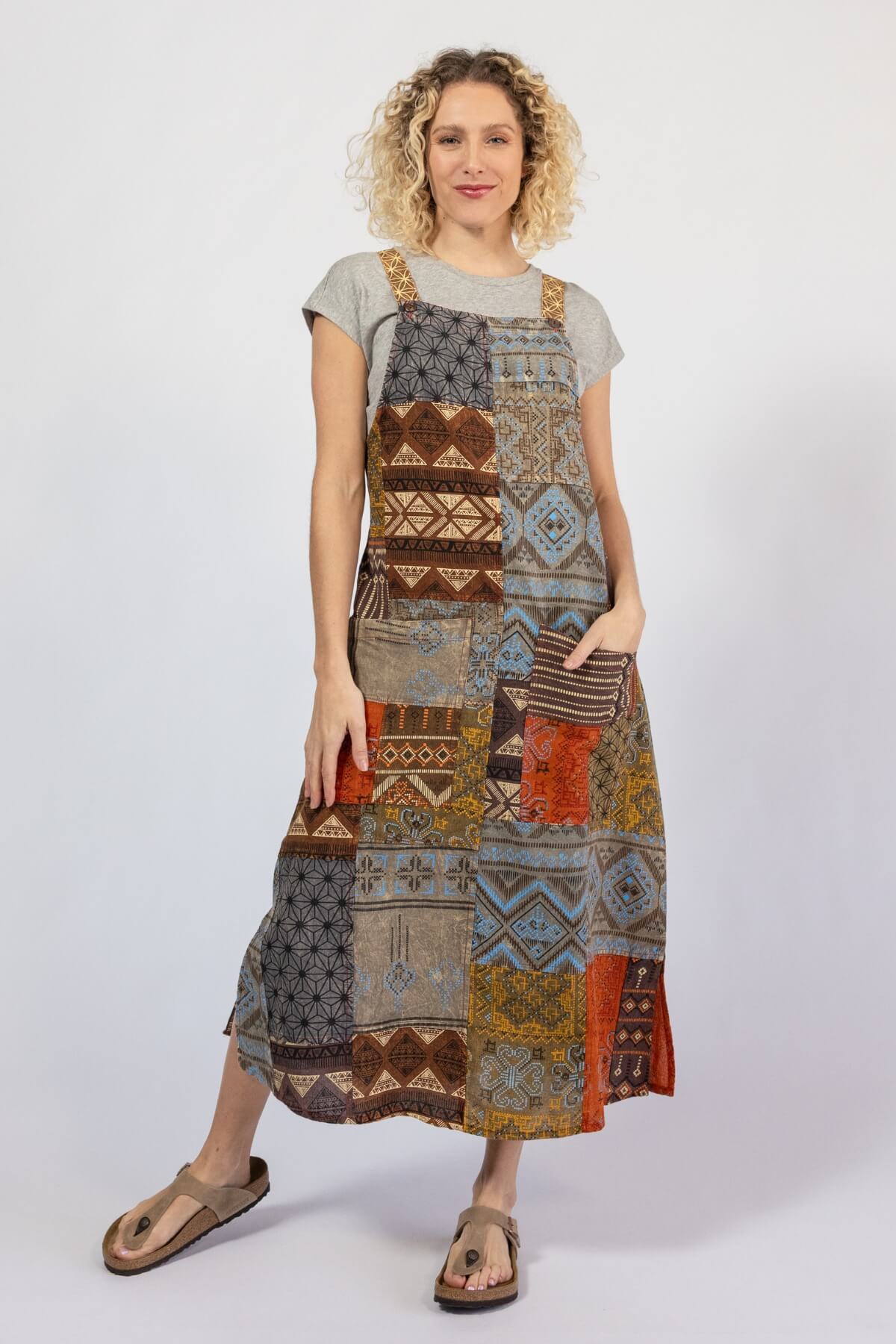 Ethical Cotton Patchwork Pinafore - Earth Brown