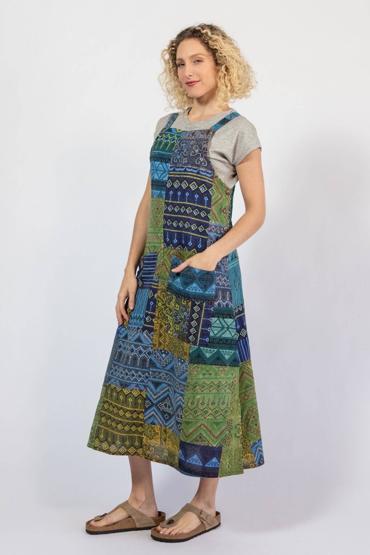Ethical Cotton Patchwork Pinafore Dress - left side view