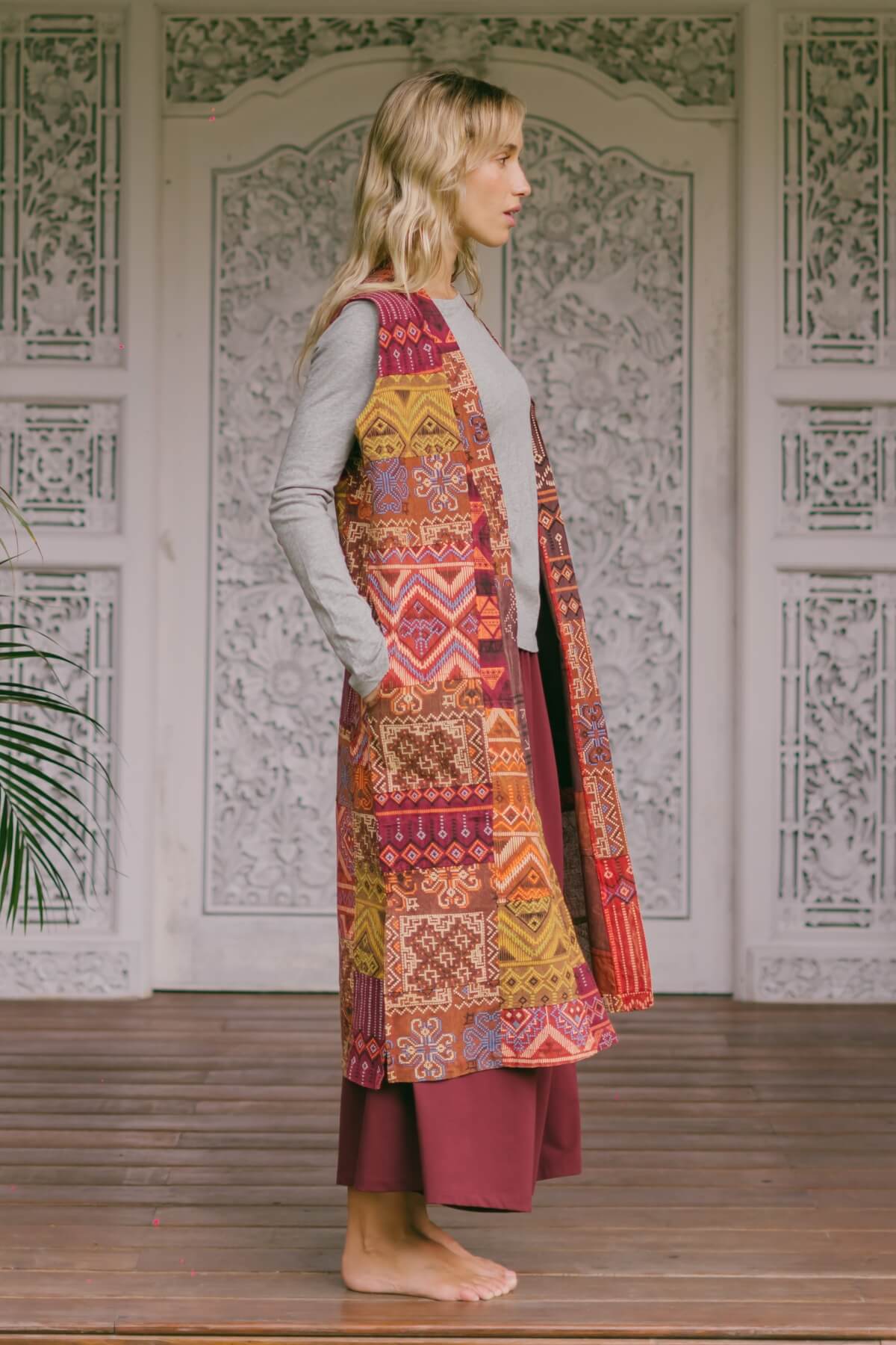 Ethical Sleeveless Patchwork Jacket for Women - with two deep hip pockets