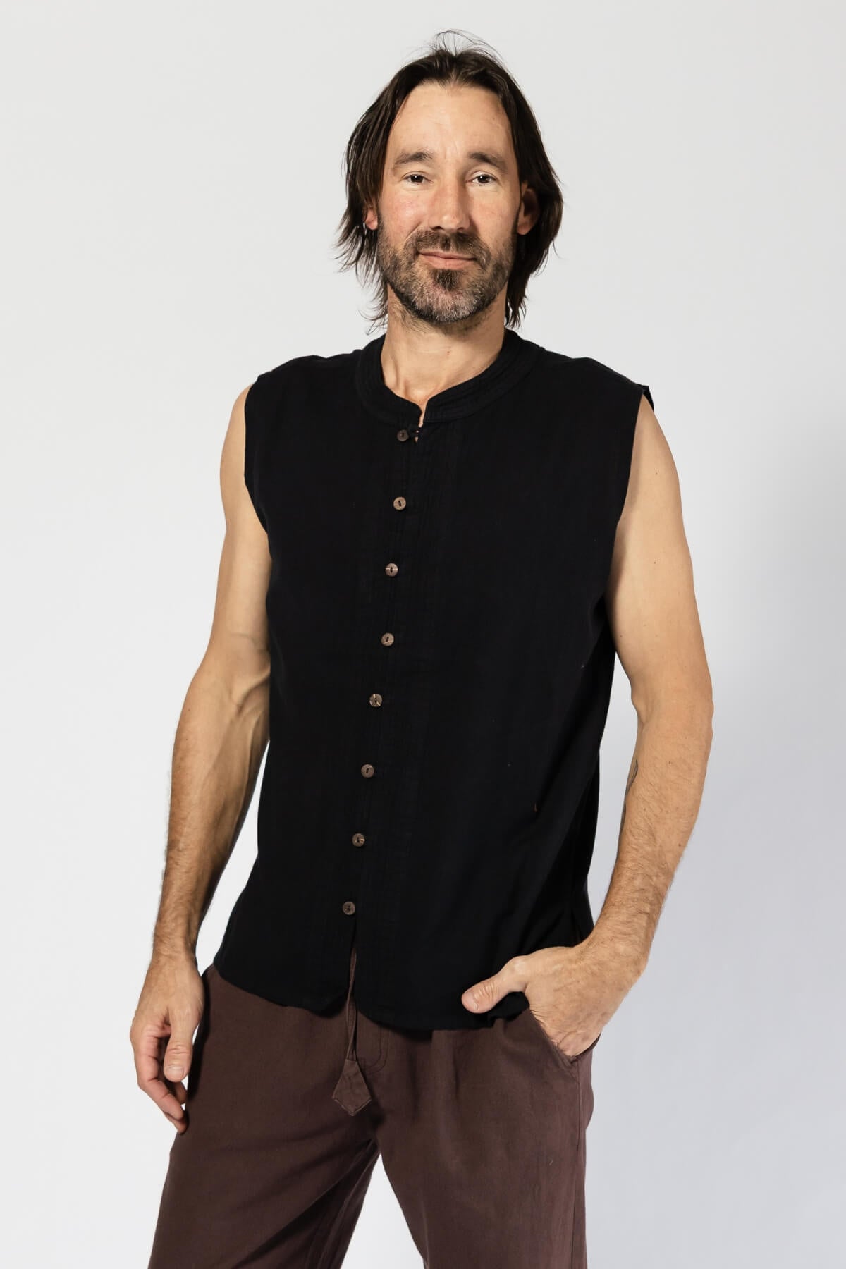 Cotton Sleeveless Tops for Men - full length coconut buttons