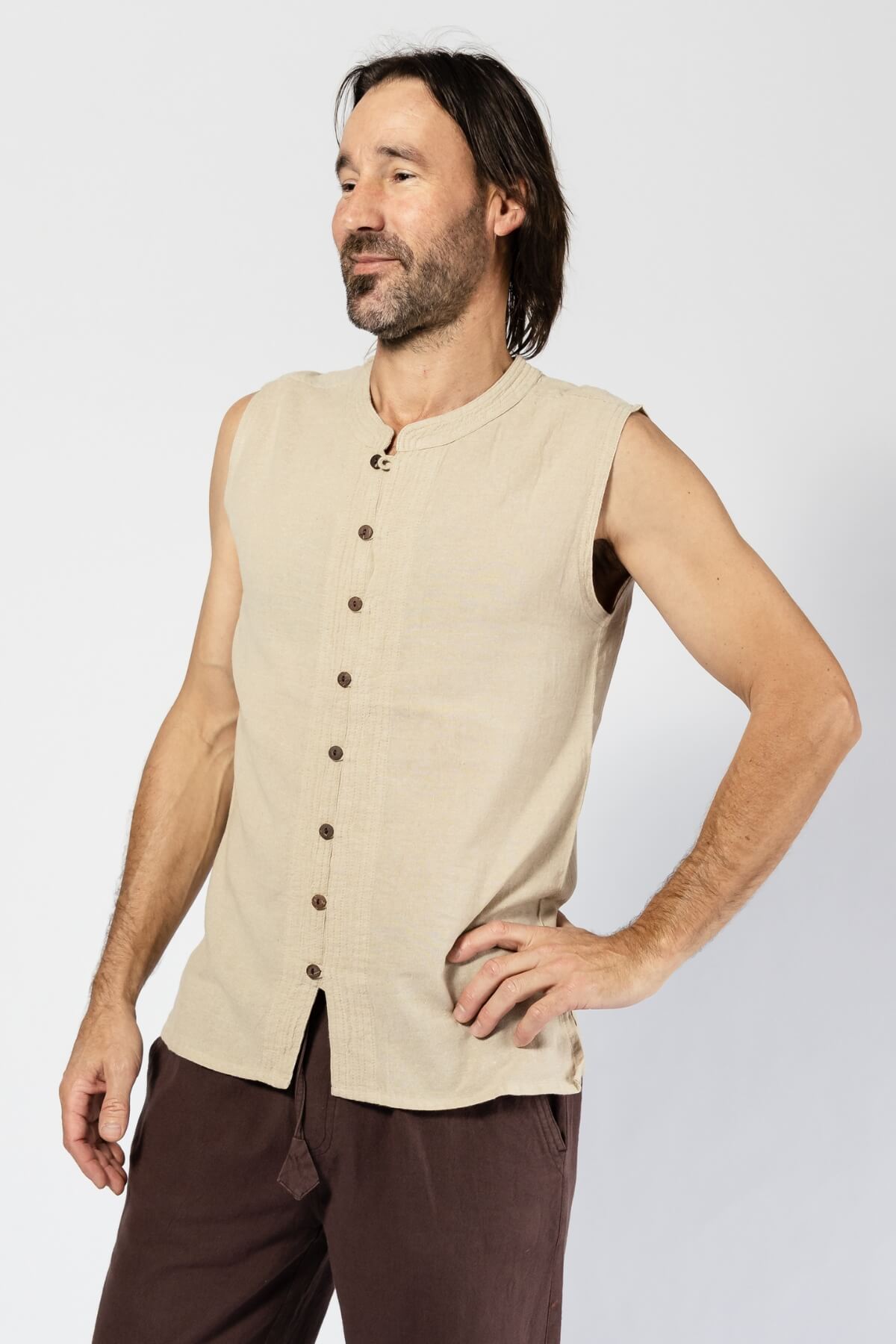 Cotton Sleeveless Top for Men - full length coconut buttons