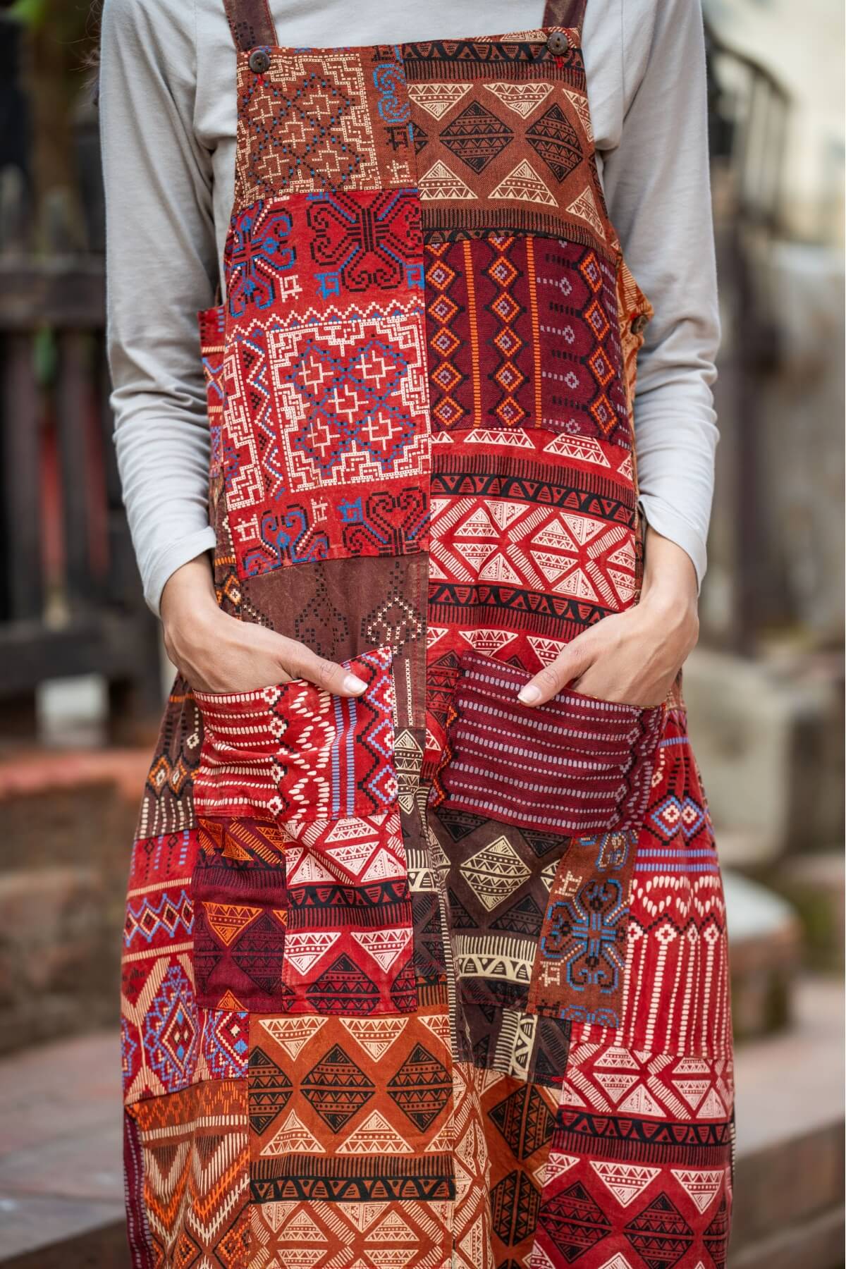 Surya Ethical Cotton Patchwork Pinafore - two large front pockets