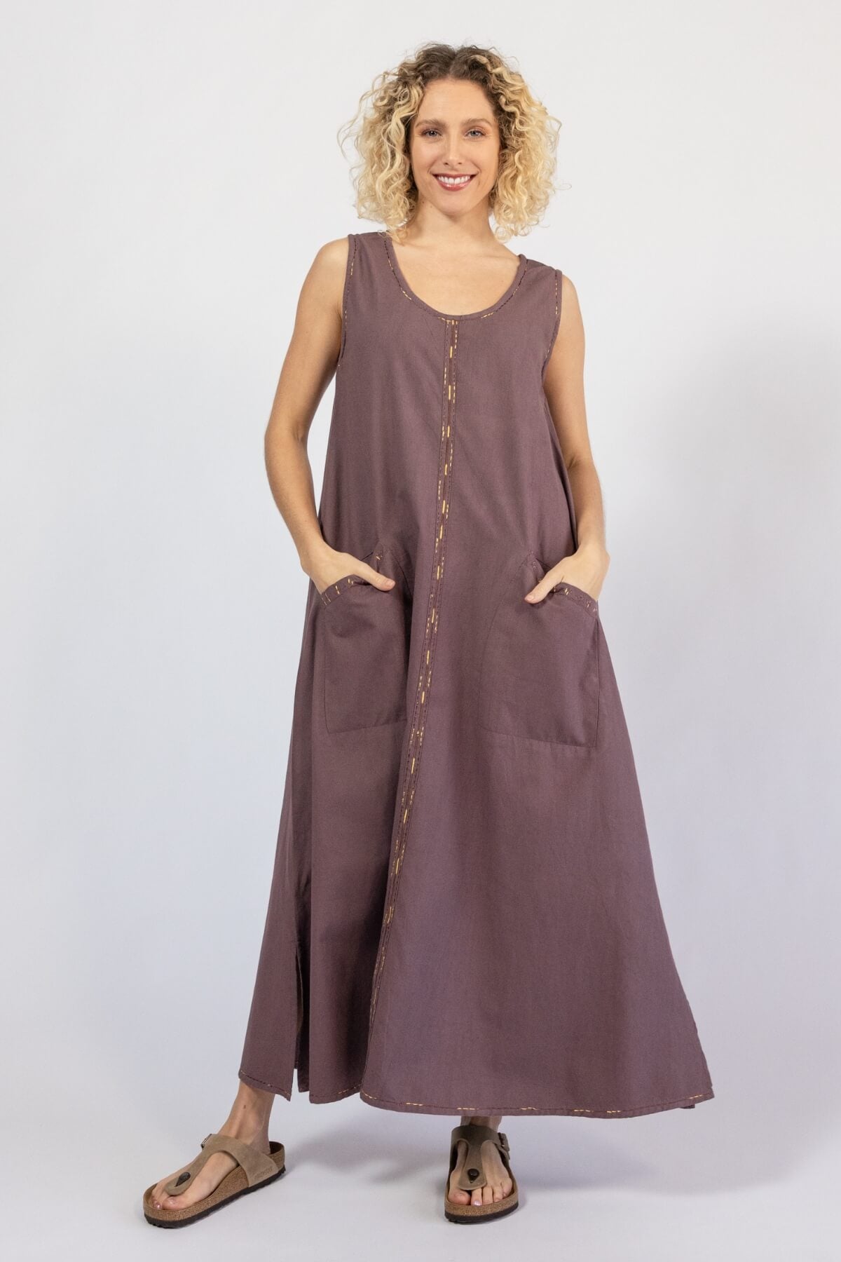 Embroidered woven cotton dress for women – taupe