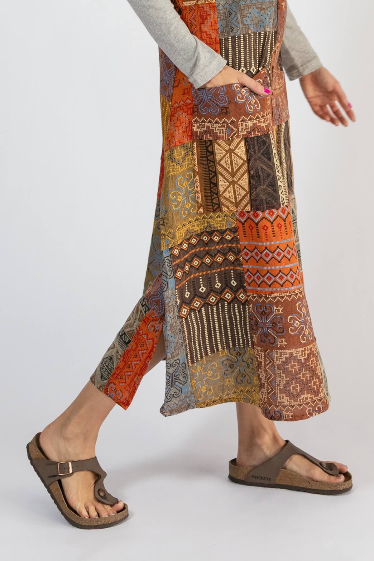 Ethical Cotton Patchwork Pinafore - side split detail