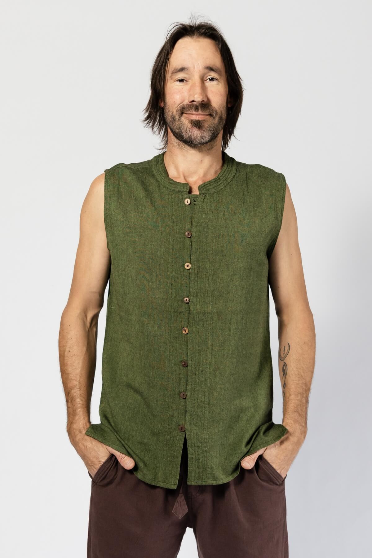 Cotton Sleeveless Shirt for Men - Green