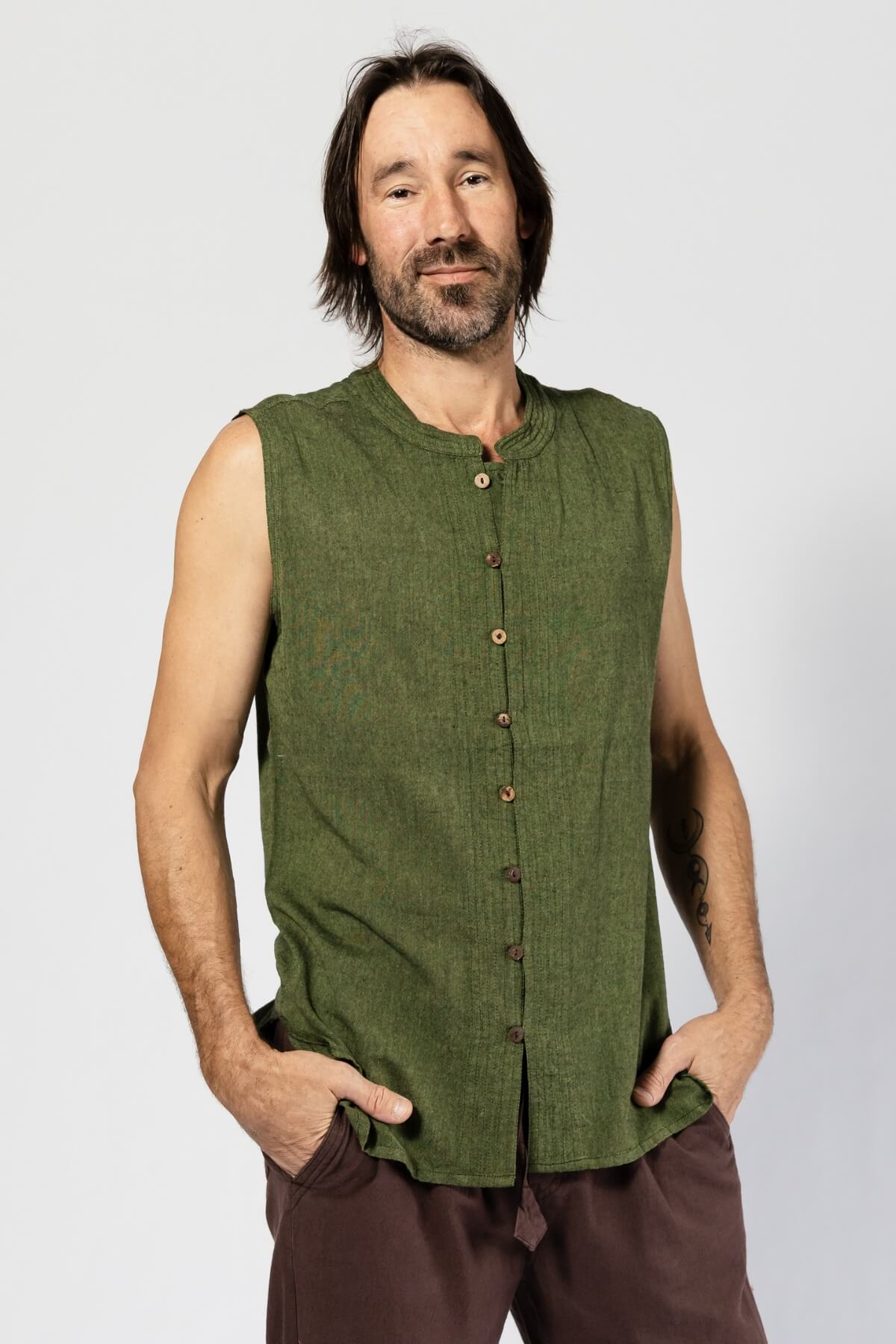 Cotton Sleeveless Shirt for Men - with full length buttons