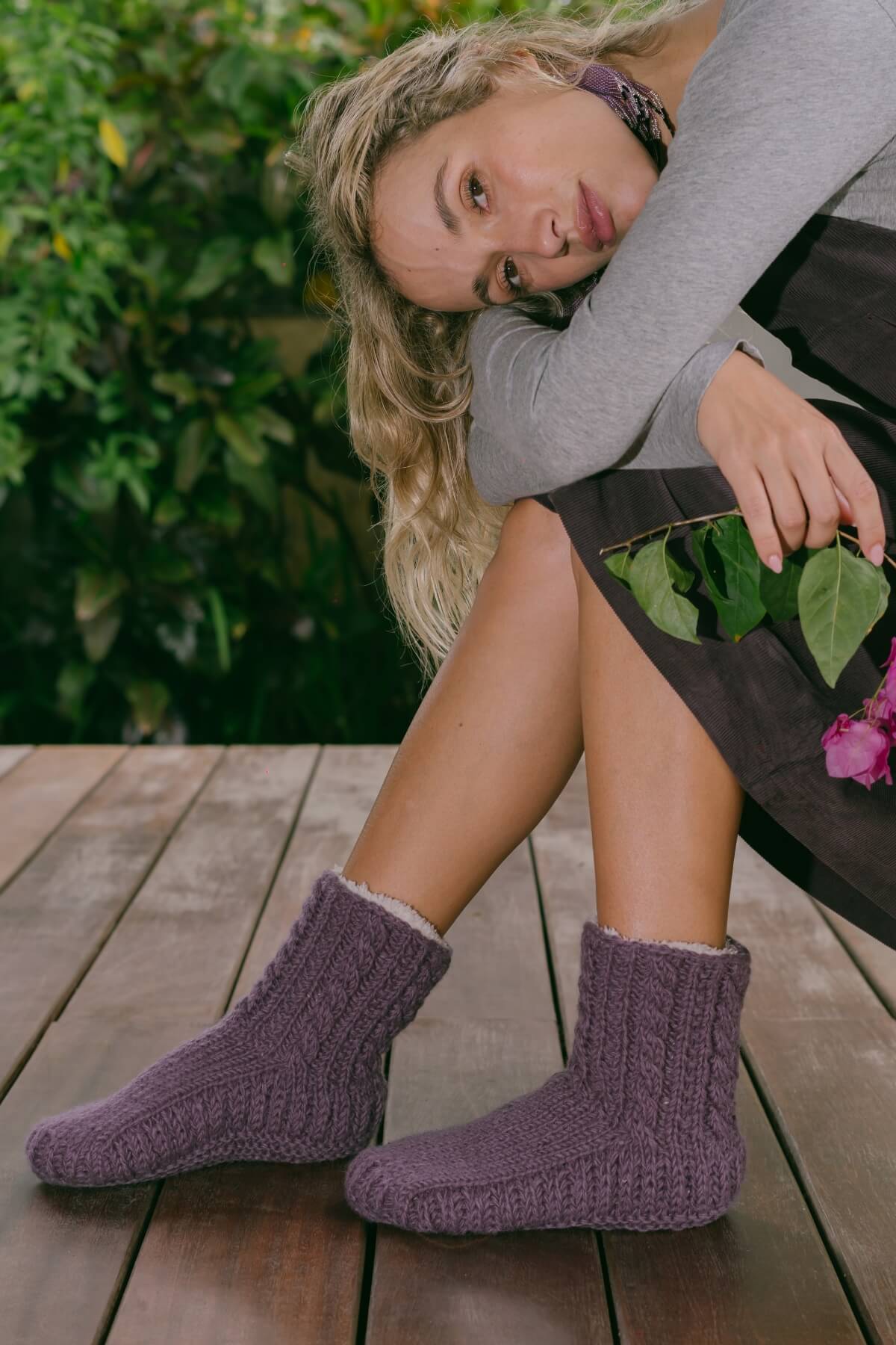 Ethically made thick wool ankle socks for women - purple