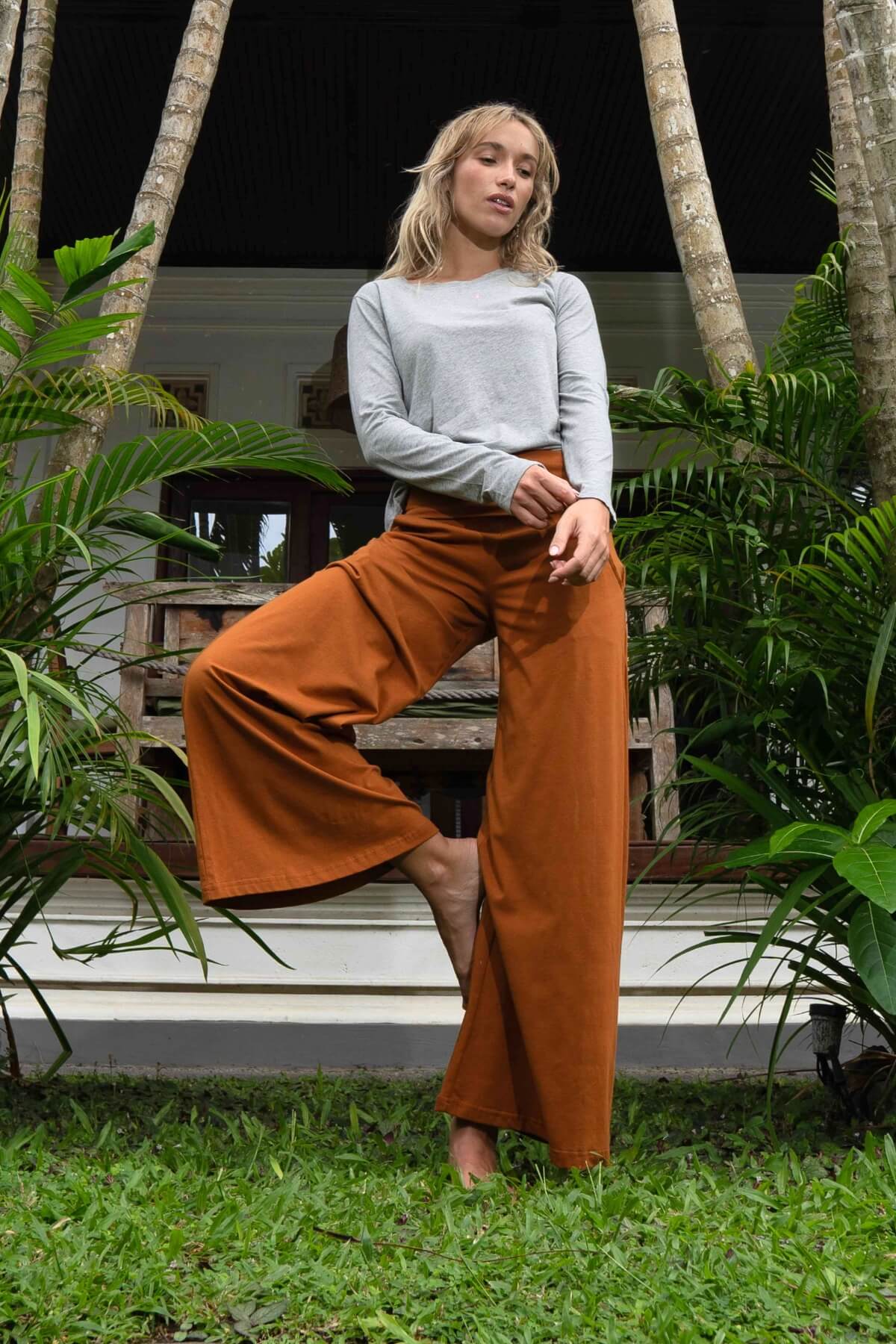 Organic Cotton wide leg pants with turn-over waistband for women