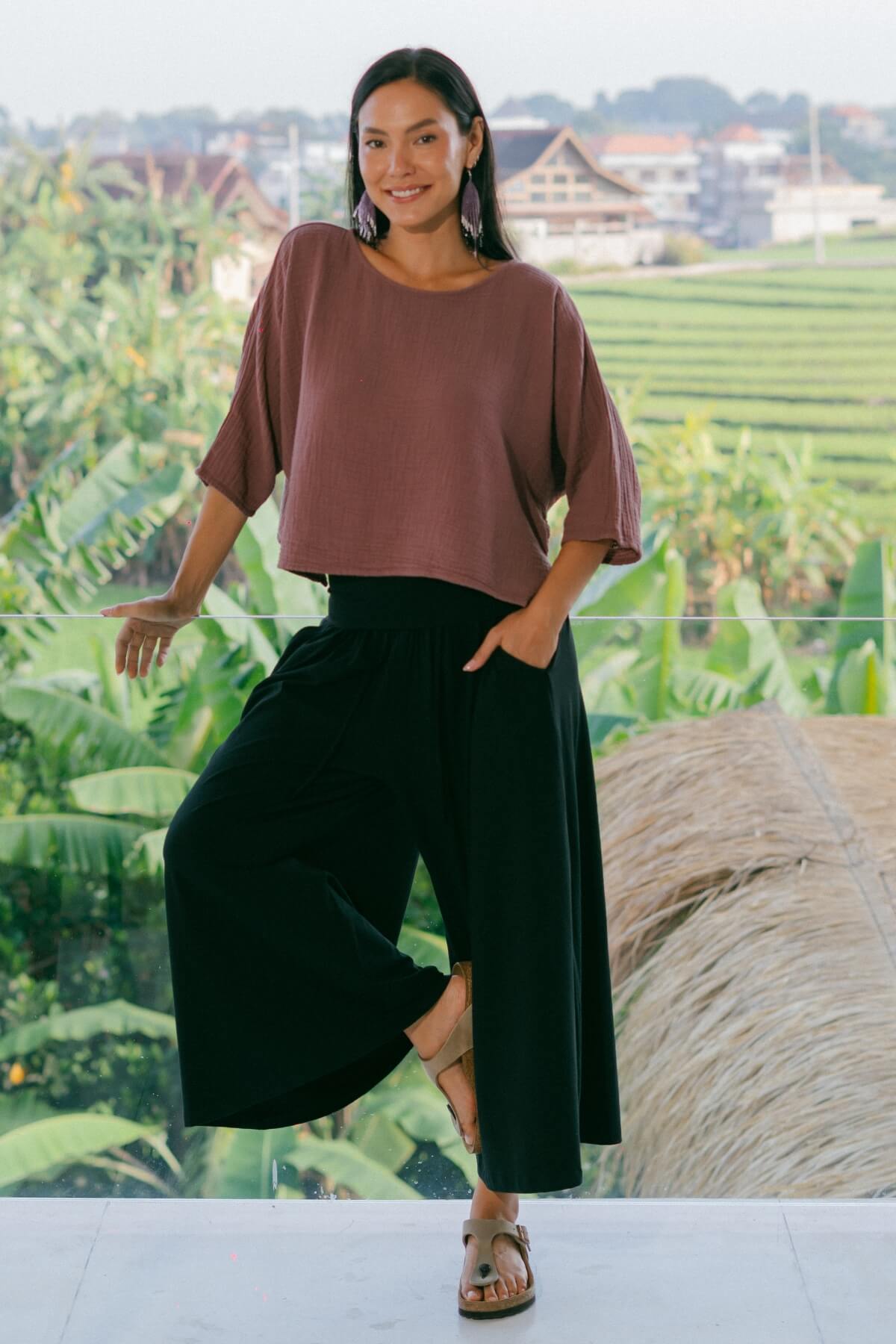 Organic cotton wide leg pants with fold over waist - with pockets
