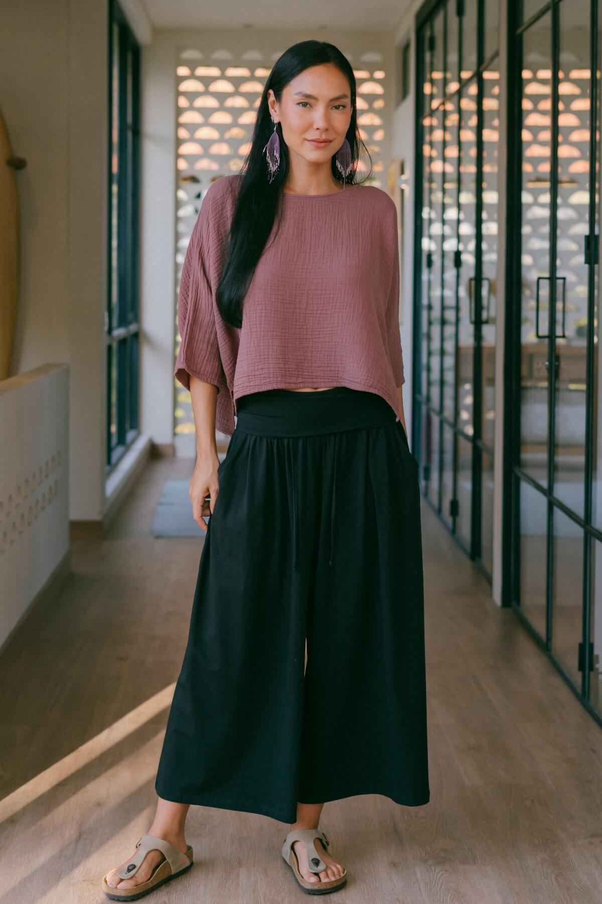 Organic cotton wide leg pants with fold over waist - ethically made in Nepal