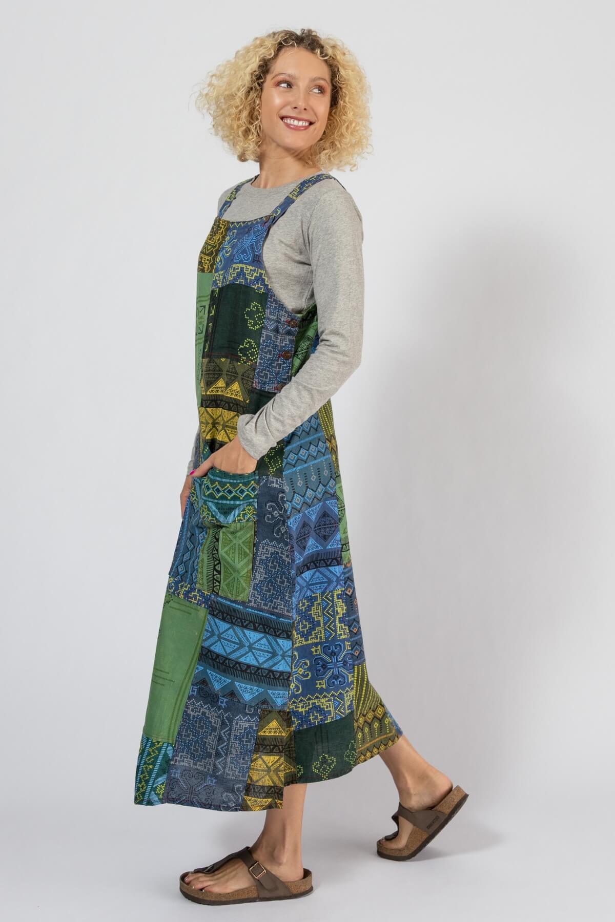 Ethical Cotton Patchwork Pinafore Dress - left side view
