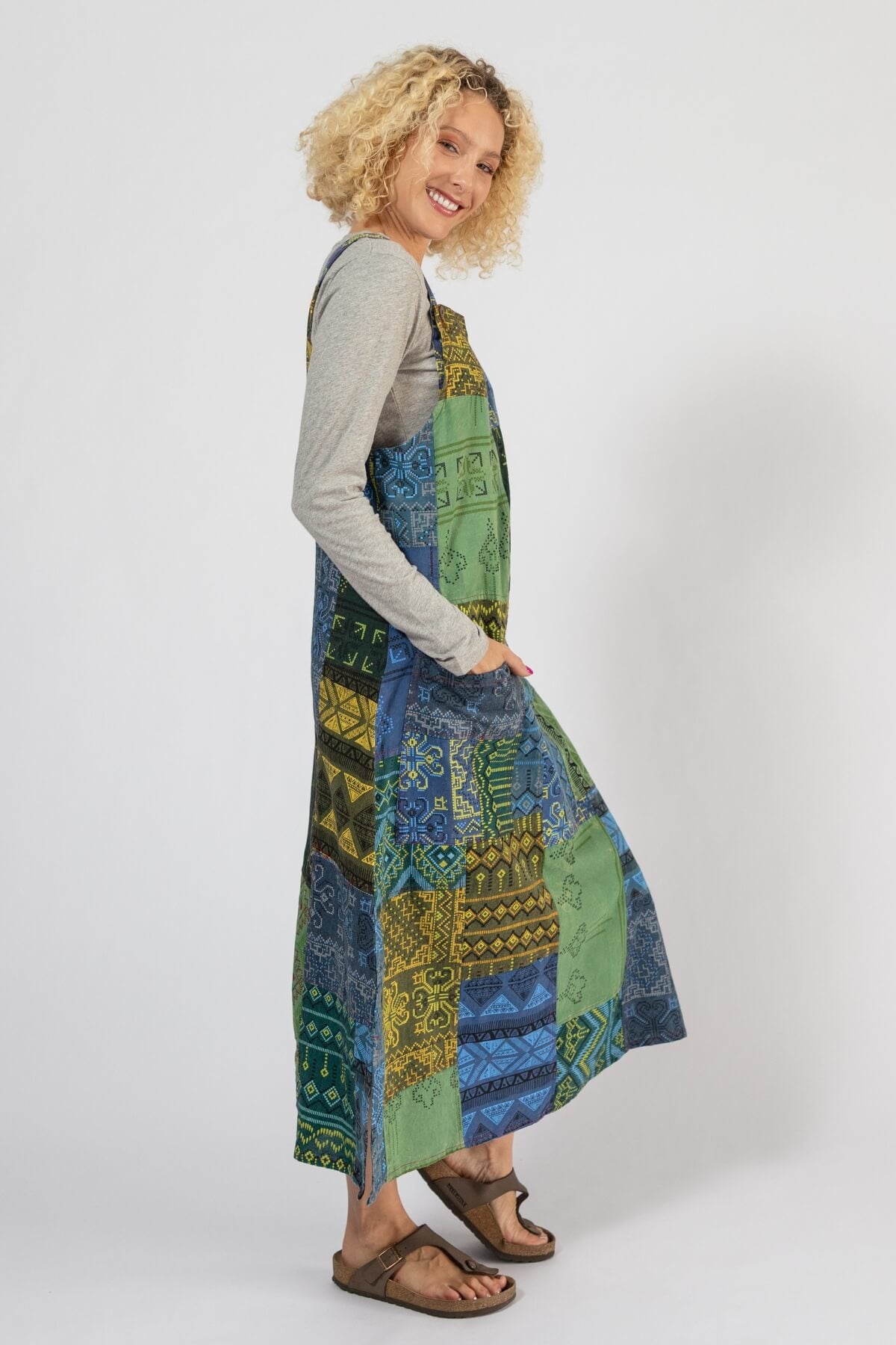 Ethical Cotton Patchwork Pinafore Dress - right side view