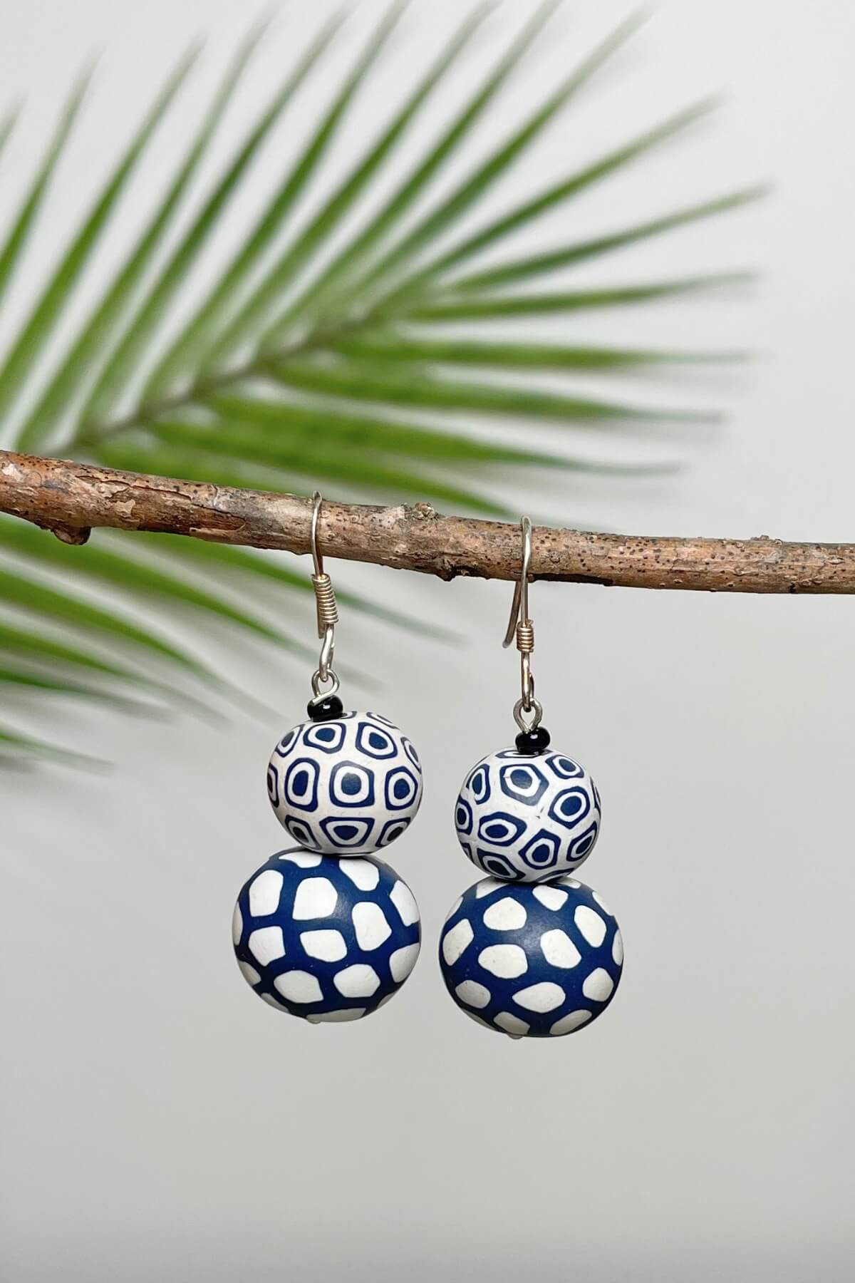 Double drop polymer clay earrings made in Nepal – Navy 2