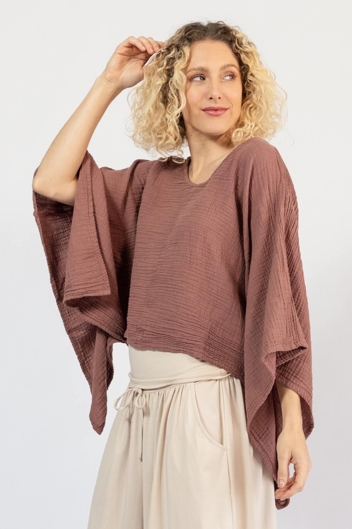 Kimono sleeve muslin cotton top for women β left side view