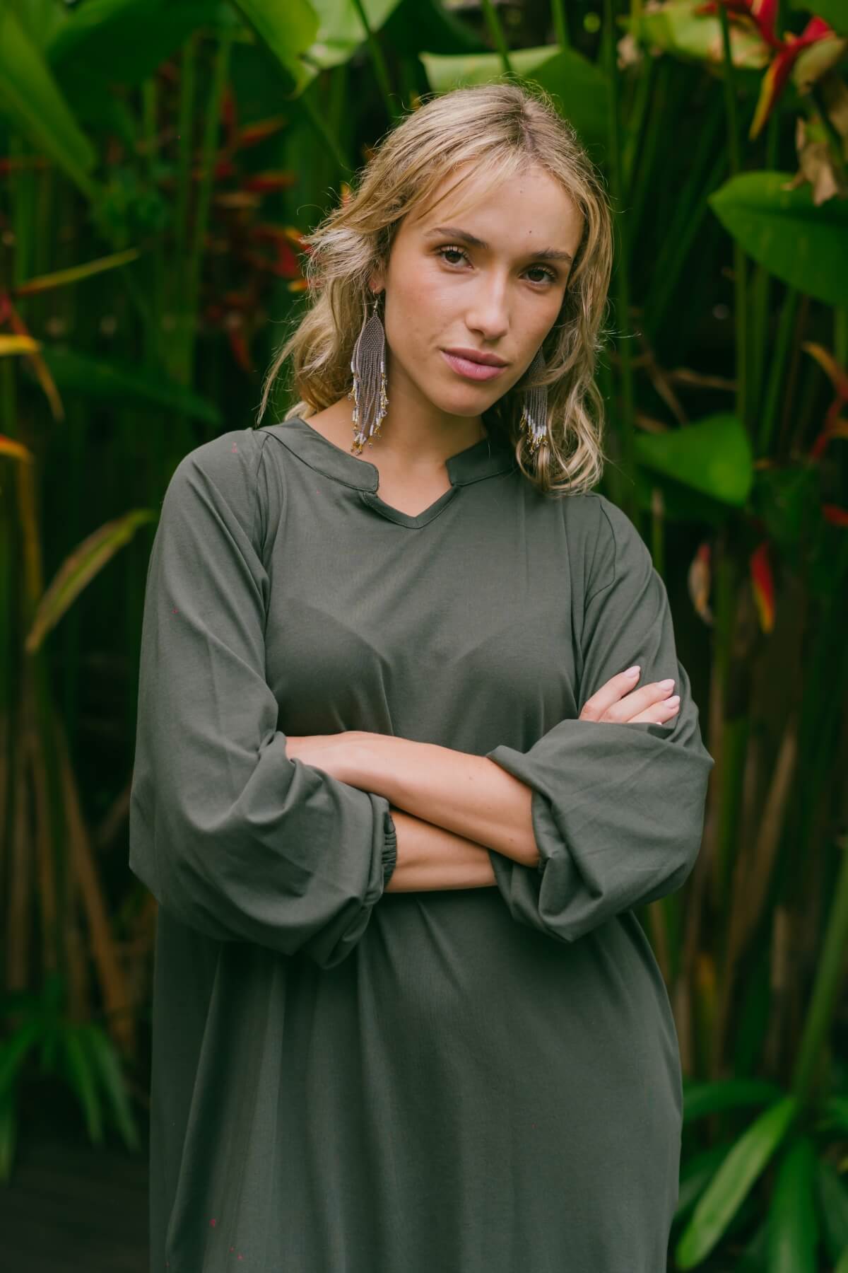 Organic Cotton Long Sleeve Kaftan Dress - detail of neckline collar