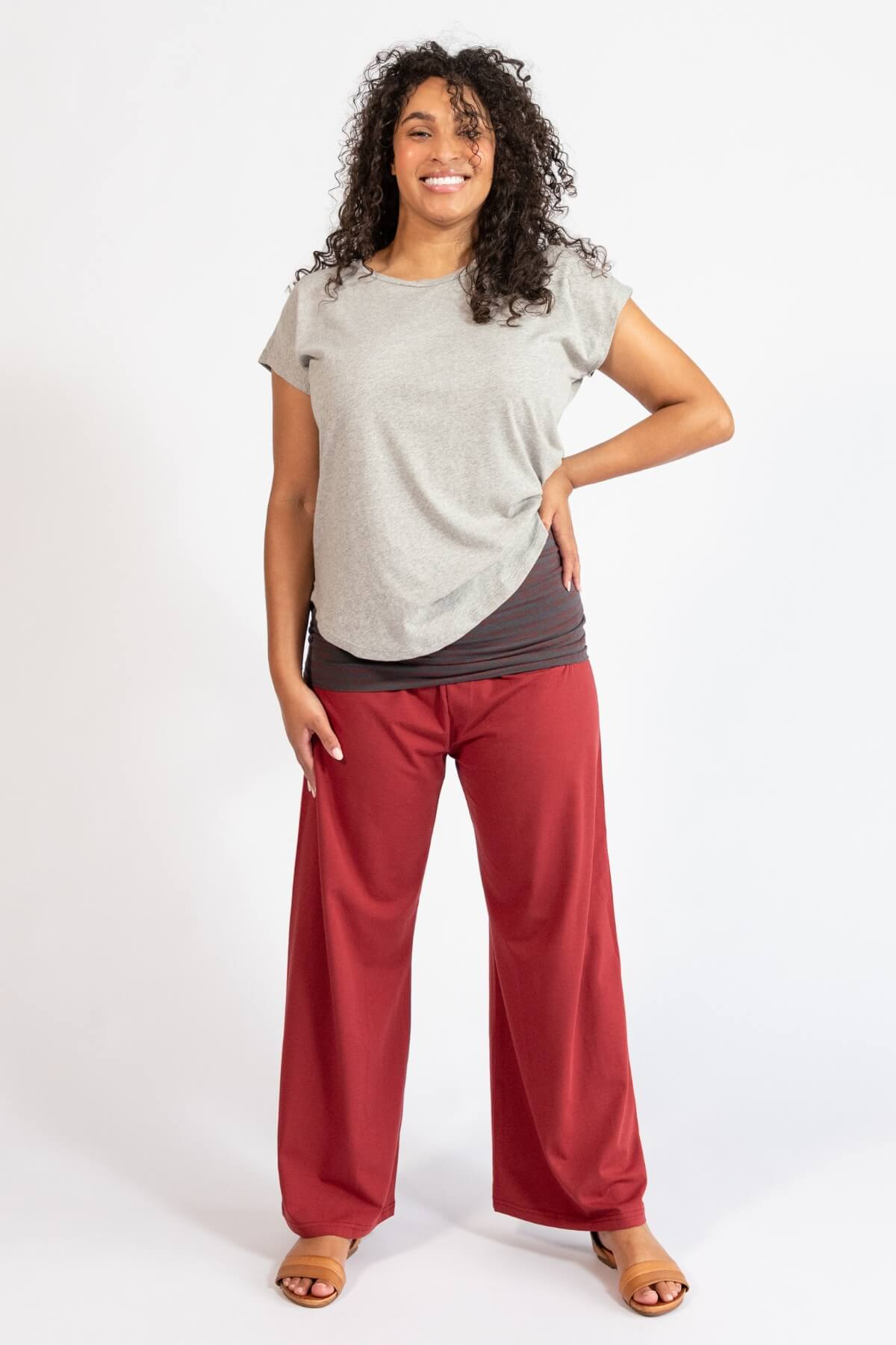 Organic cotton fold down waist pants for women - berry colour