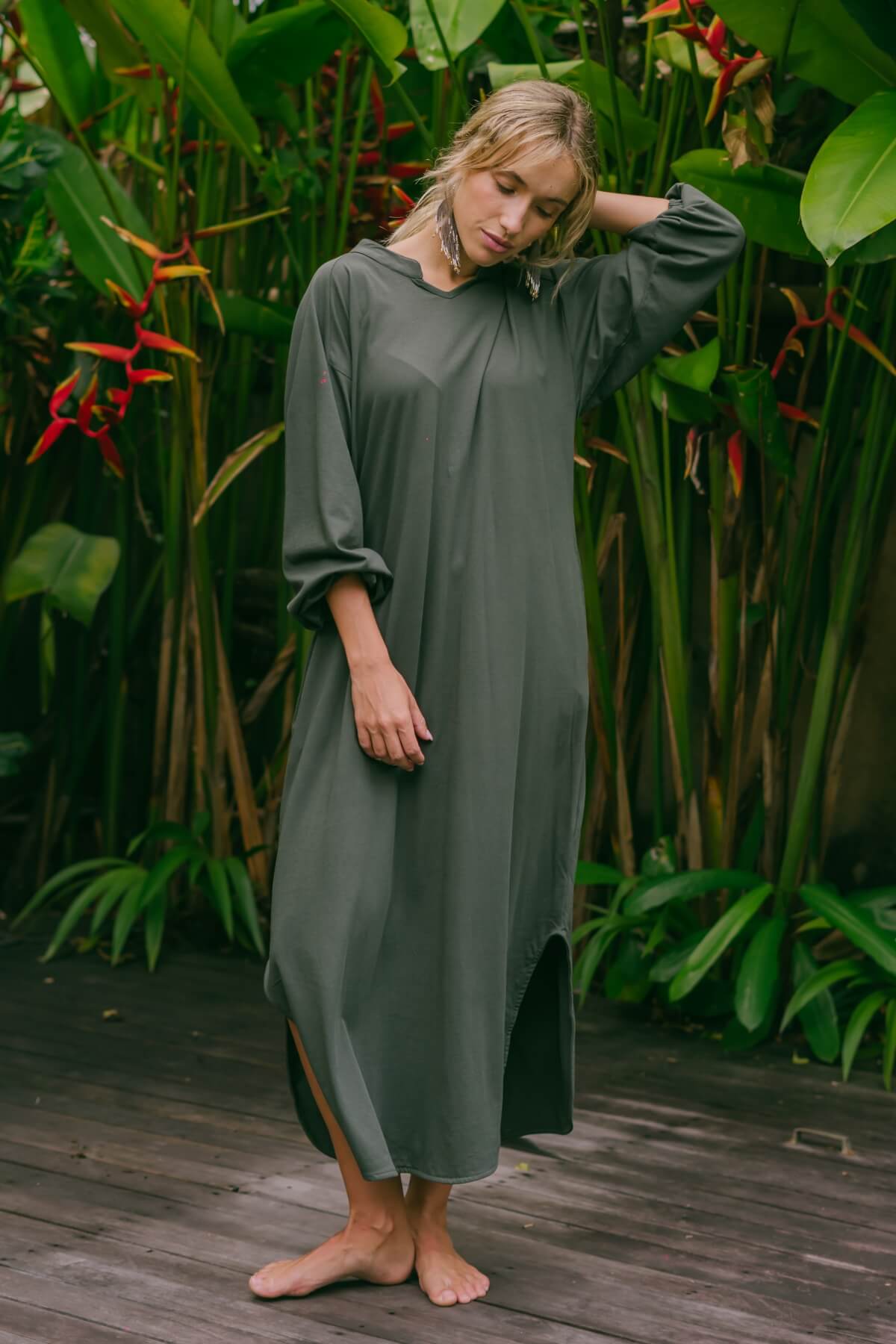 Organic Cotton Long Sleeve Kaftan Dress - on location in Bali