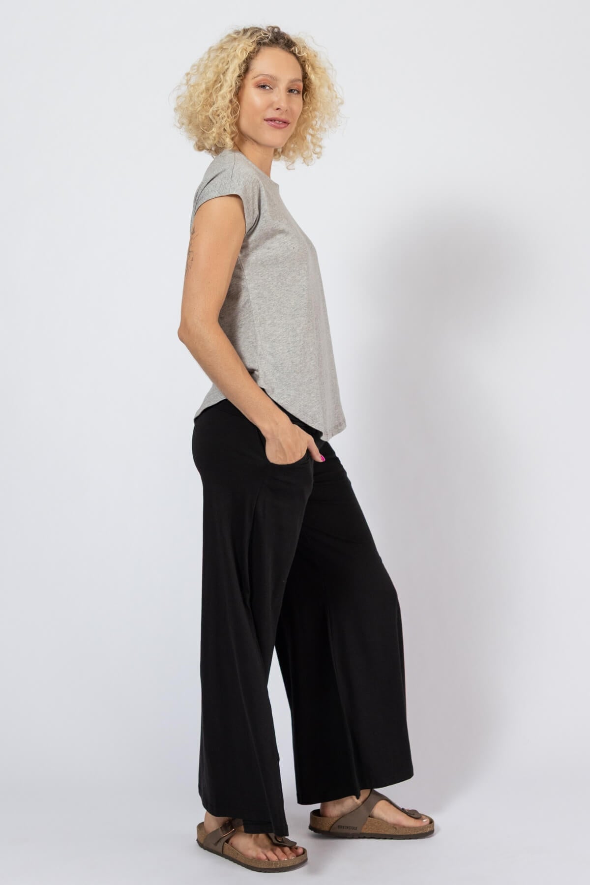 Organic cotton yoga Pants with turn down waistband - right side view