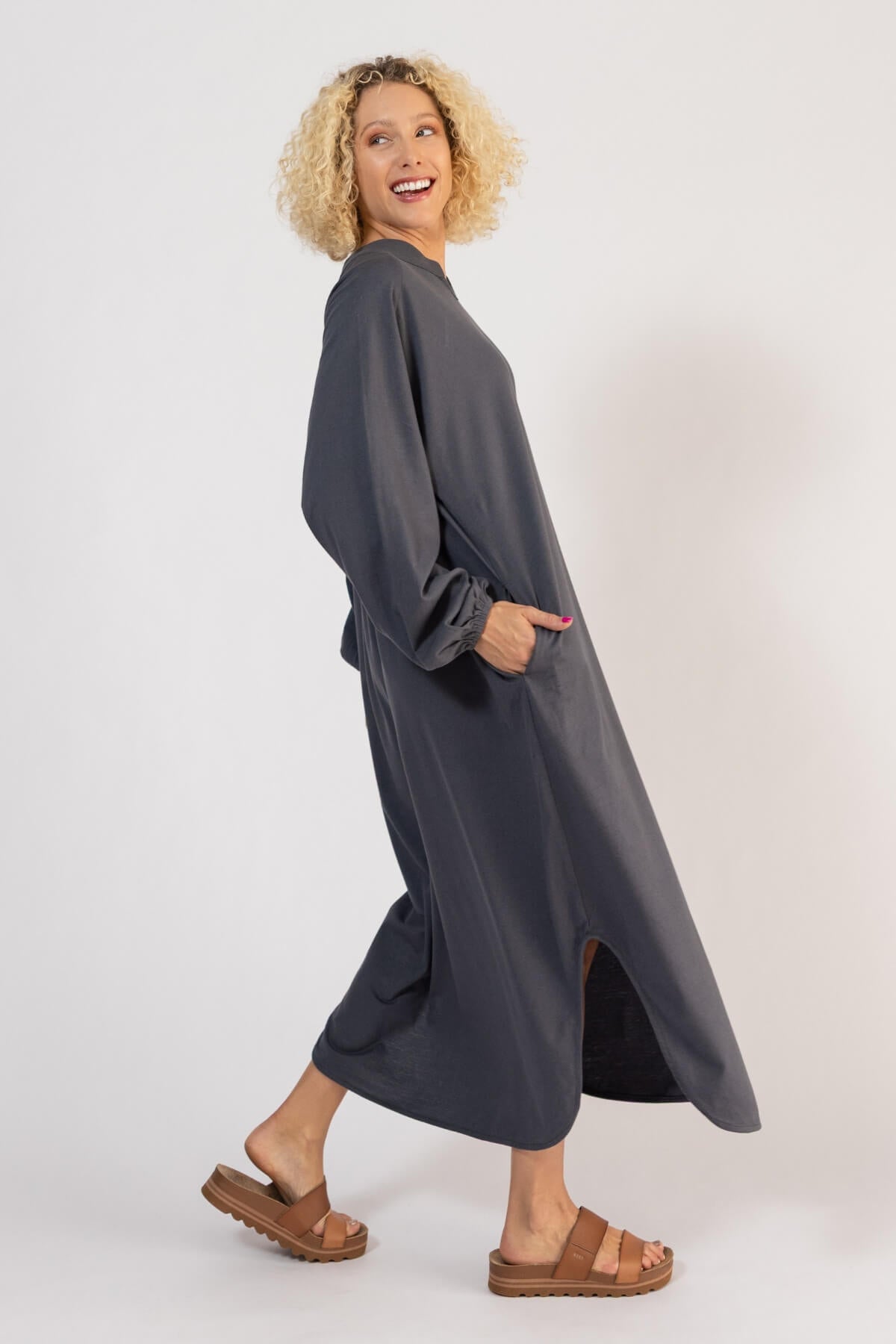 Relaxed fit organic cotton kaftan dress - right side view
