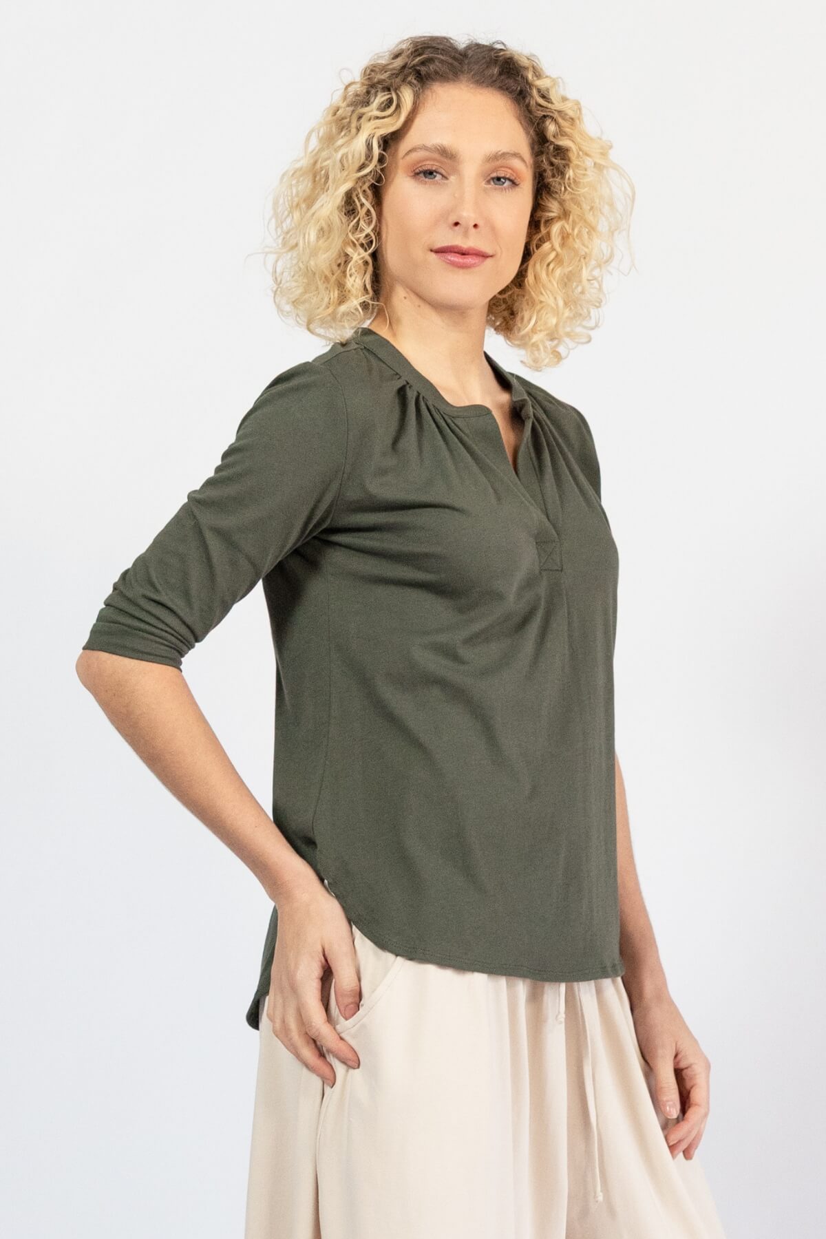 Organic three quarter sleeve top for women – right side view