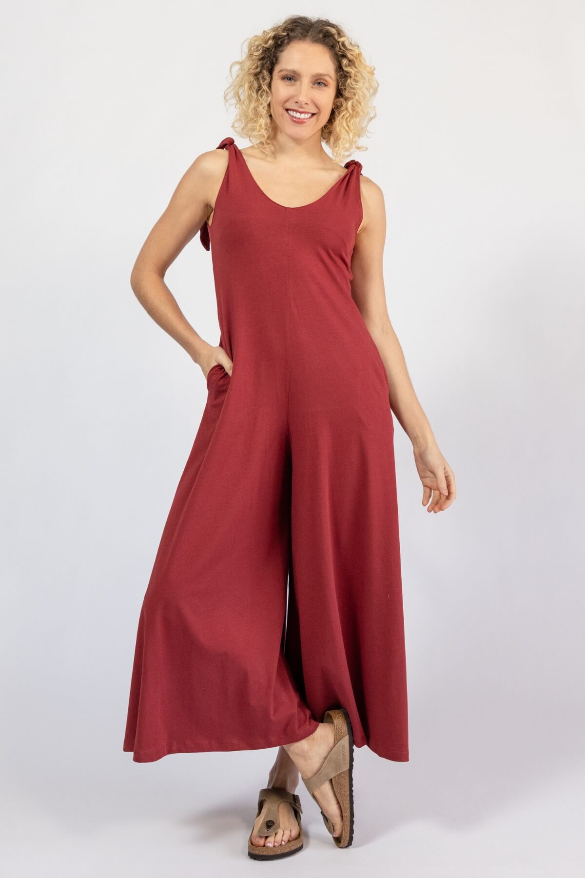 Organic cotton wide leg jumpsuit for women - berry red