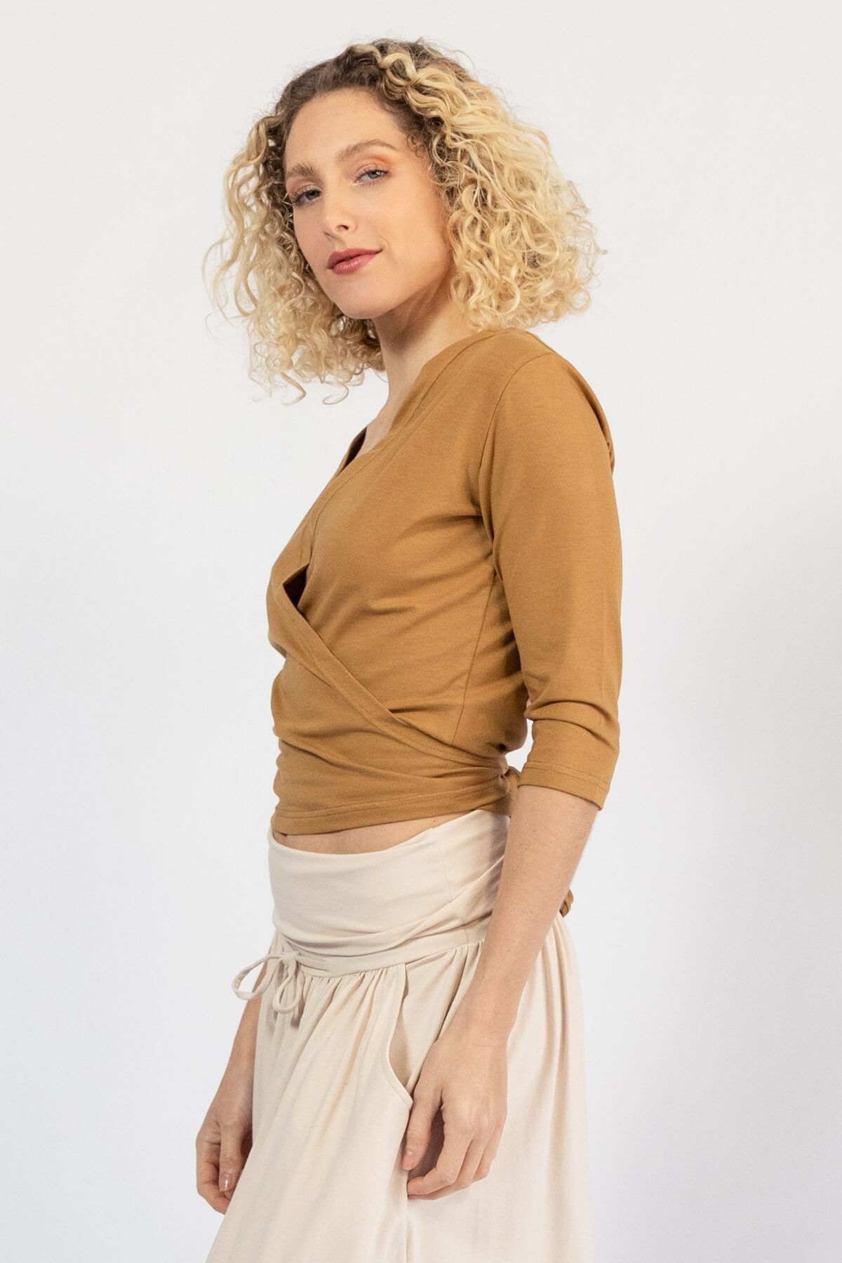 Organic cotton wrap around top for women - left side view