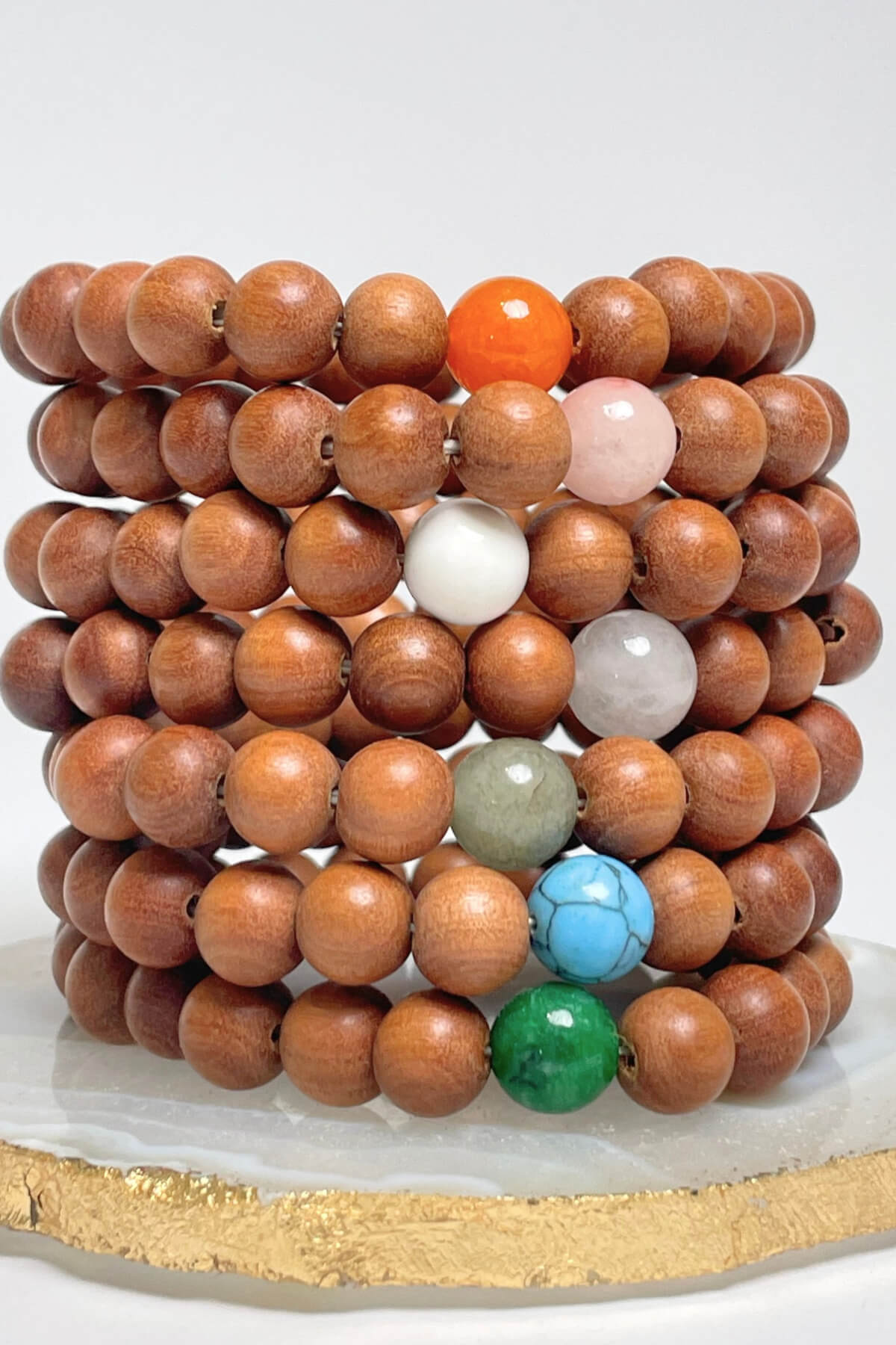 Sandalwood bracelets ethically made in Nepal - close up detail of the rounded sandalwood beads