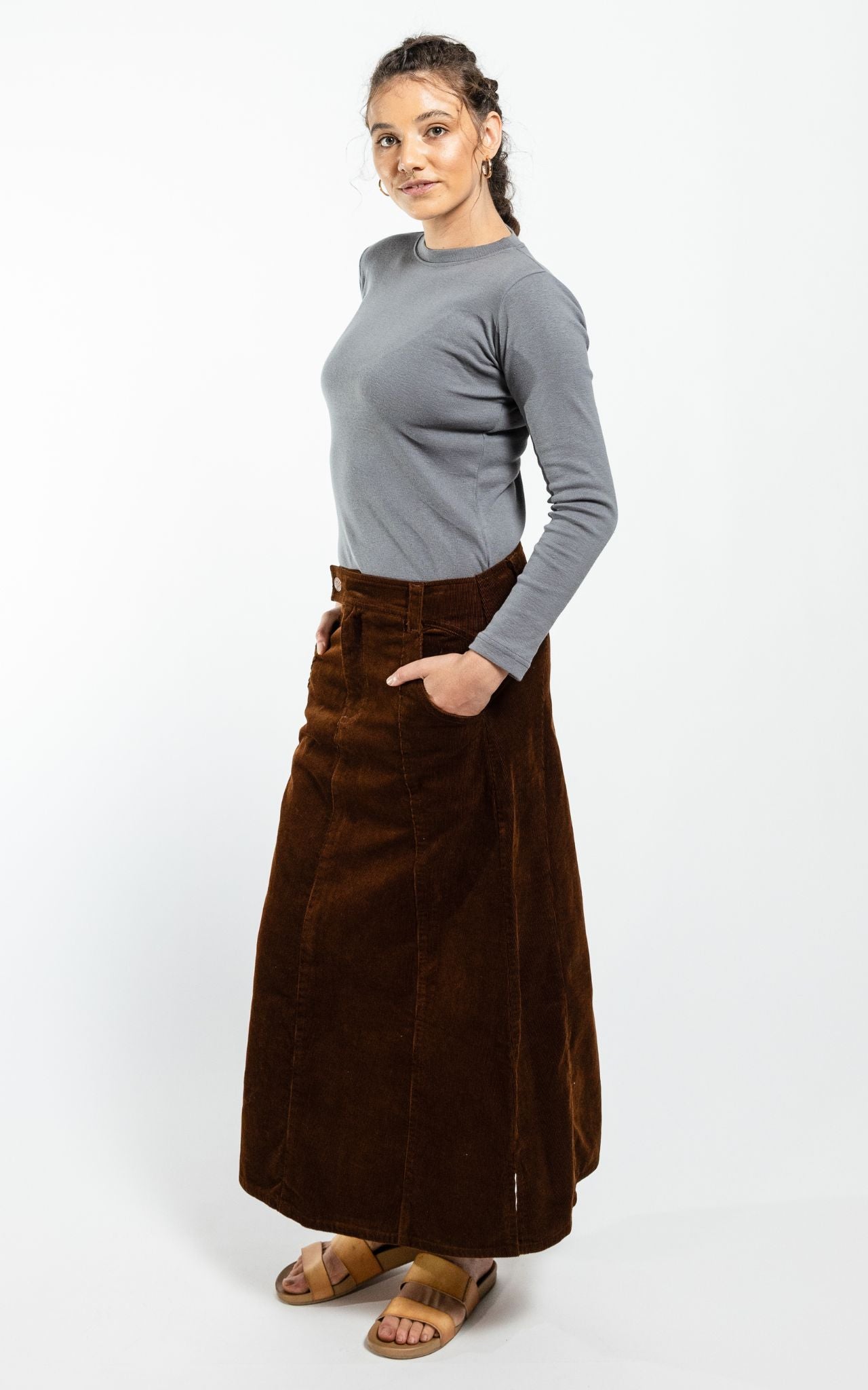 Surya Ethical Corduroy Maxi Skirt made in Nepal - Walnut