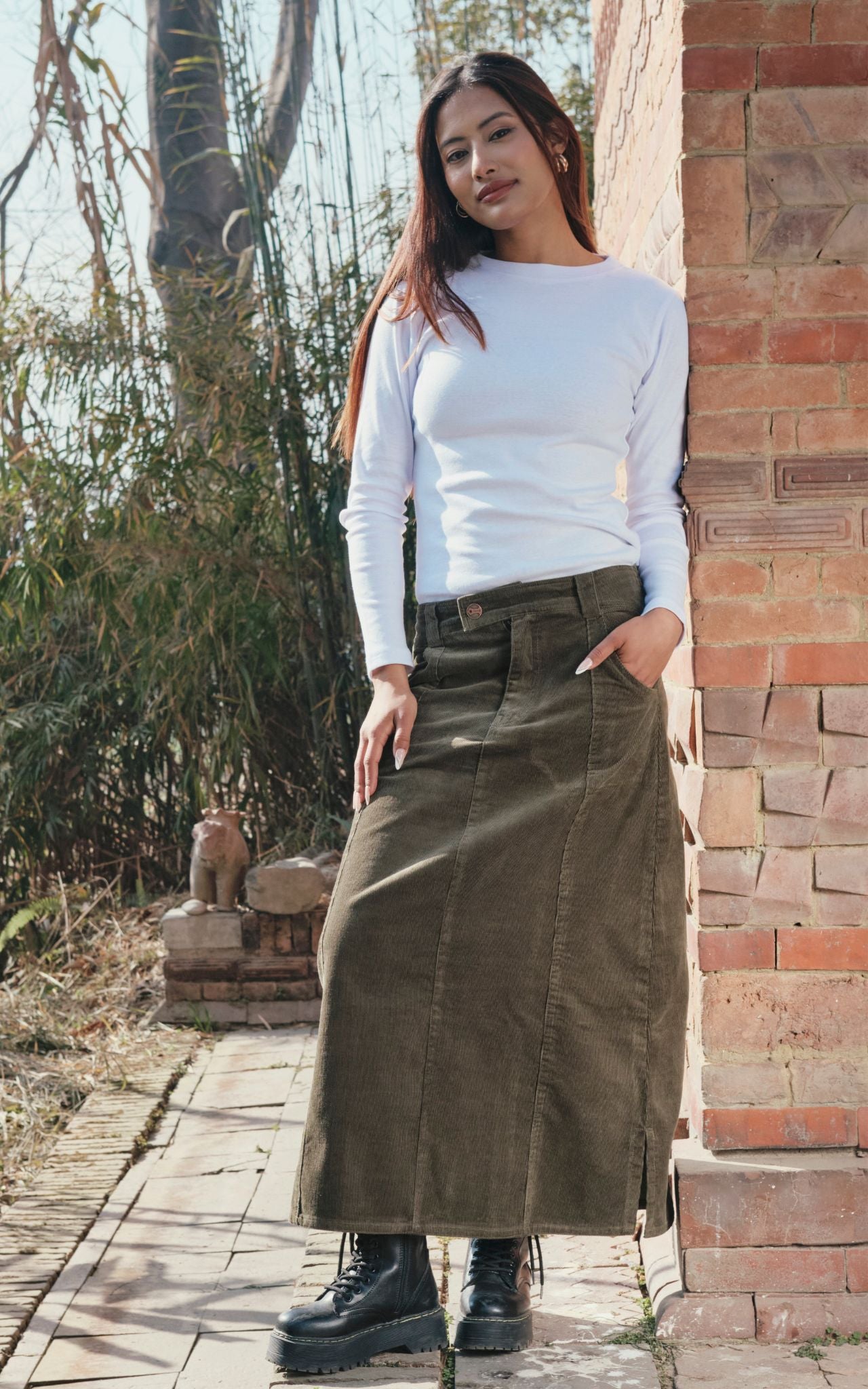 Surya Ethical Corduroy Maxi Skirt made in Nepal - Khaki