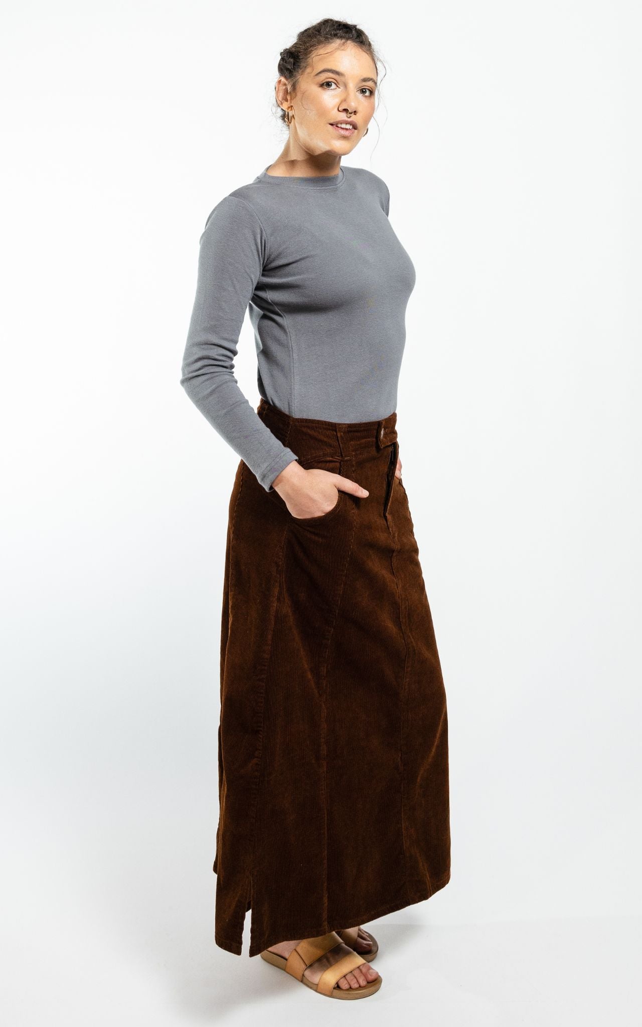 Surya Ethical Corduroy Maxi Skirt made in Nepal - Walnut
