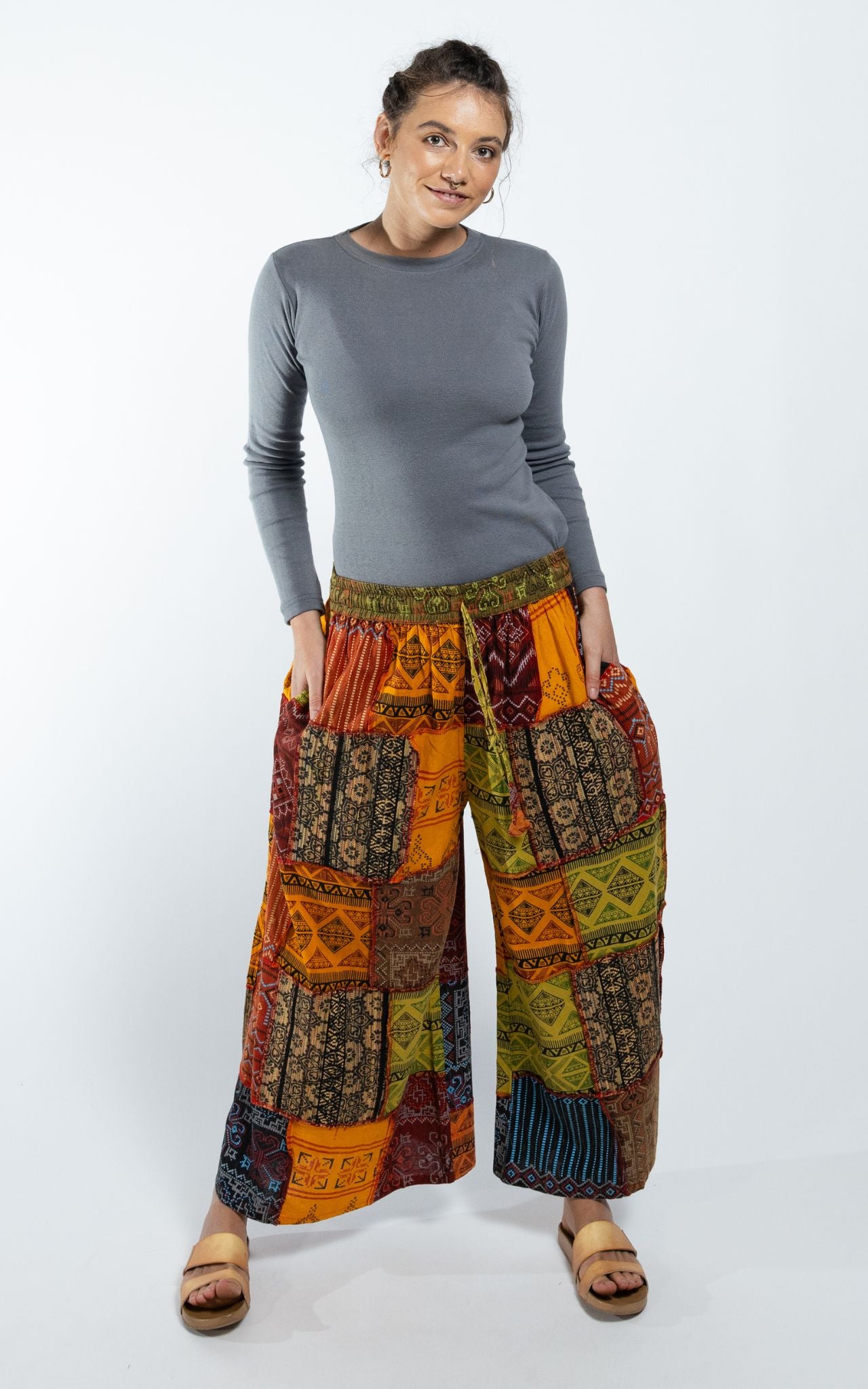 Surya Australia Ethical Cotton Palazzo Patch 'Asher' Pants made in Nepal - Turmeric