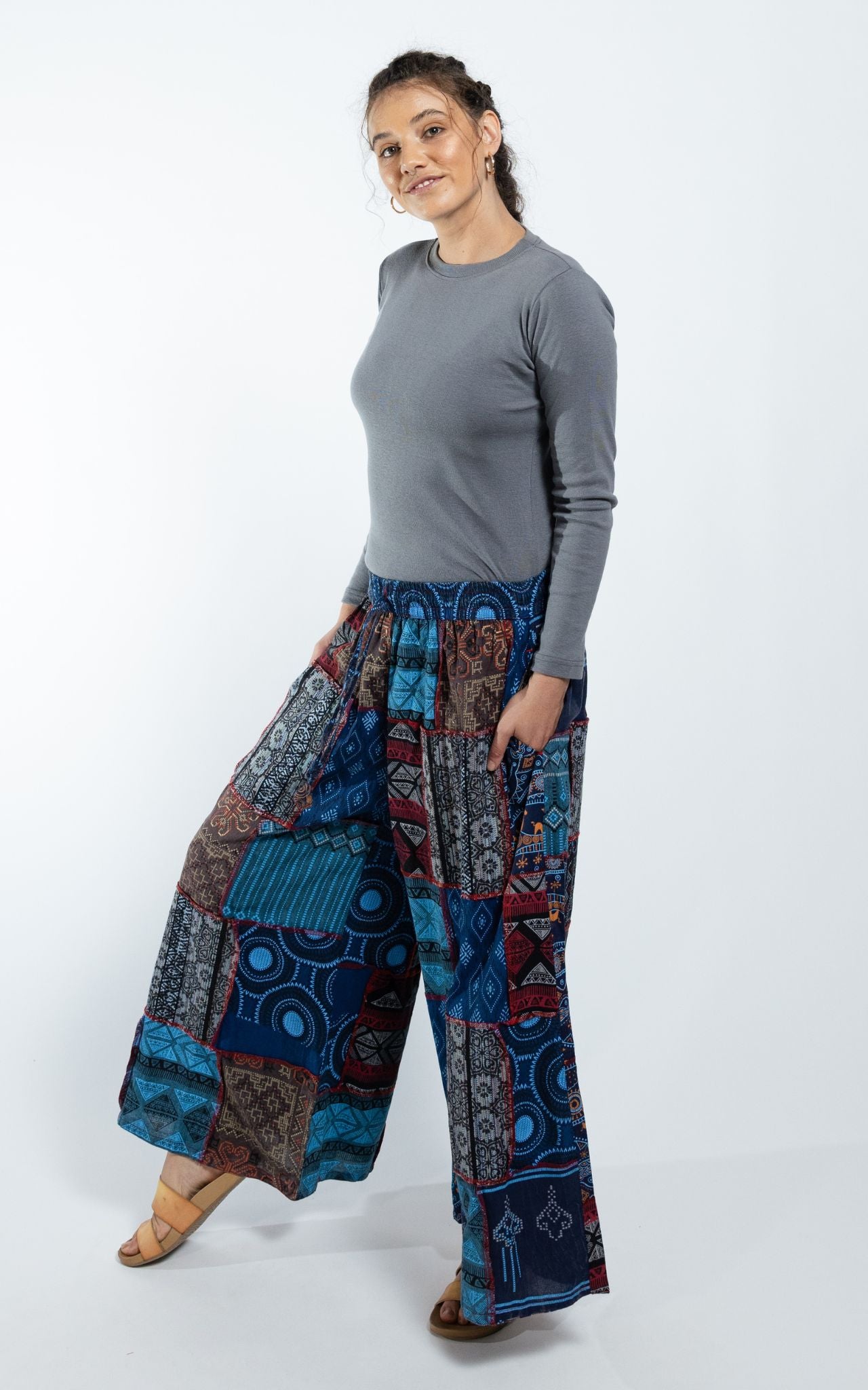 Surya Australia Ethical Cotton Palazzo Patch 'Asher' Pants made in Nepal - Cobalt