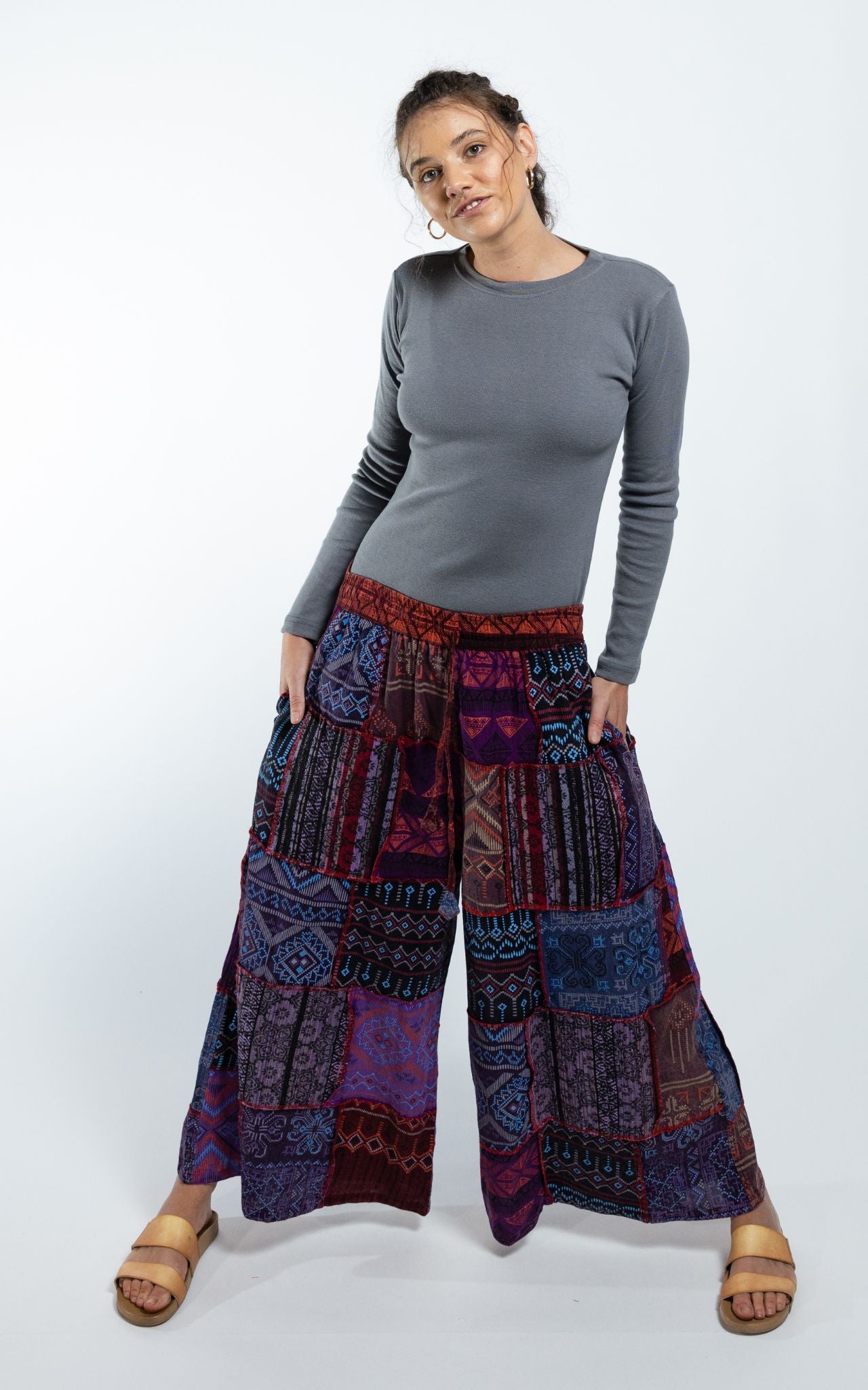 Surya Australia Ethical Cotton Palazzo Patch 'Asher' Pants made in Nepal - Eggplant