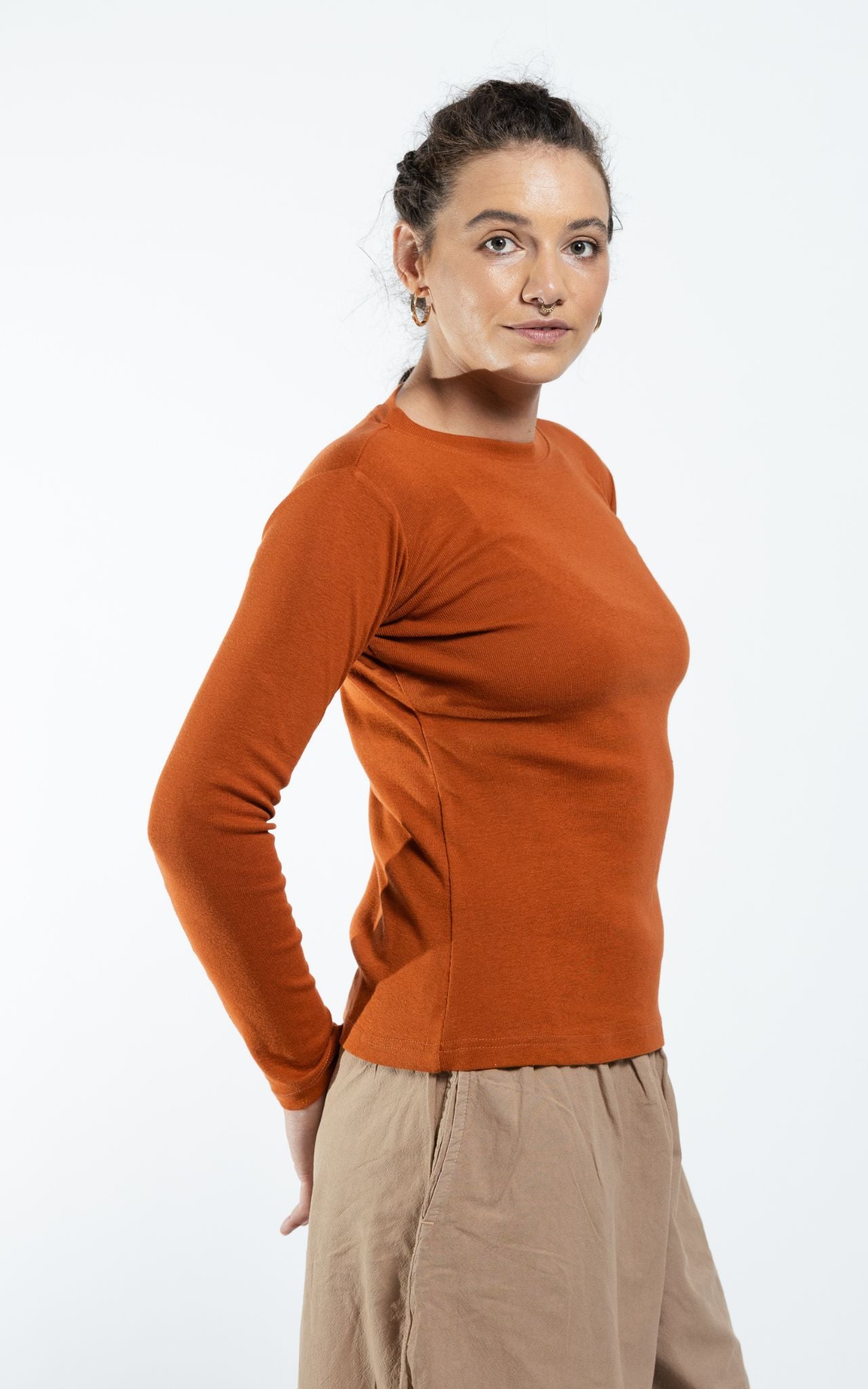 Surya Australia Ethical Ribbed Cotton Long Sleeve Top - Burnt Orange