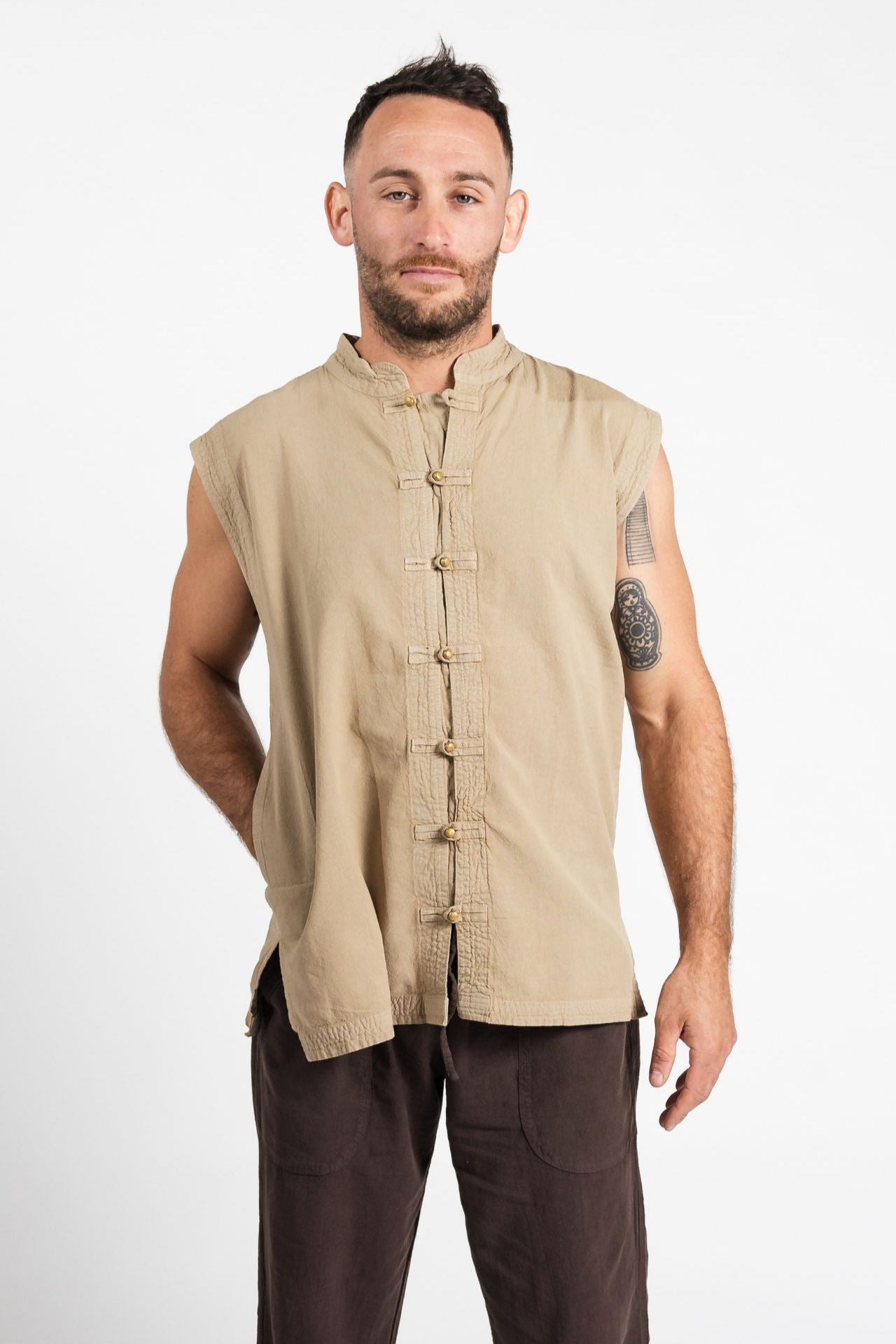 Surya Australia Ethical Cotton 'Lhasa' Shirt for men made in Nepal - Sand