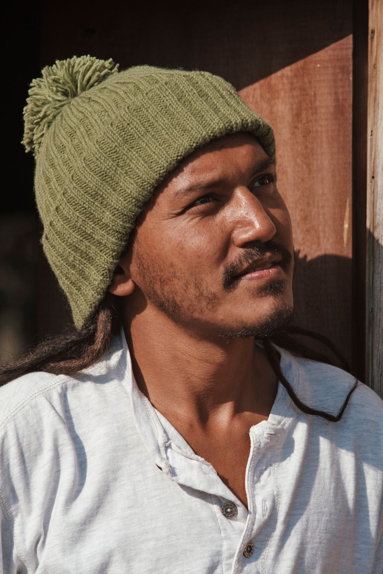 Surya Australia Ethical Wool Pompom Beanie for Men from Nepal - Army Green