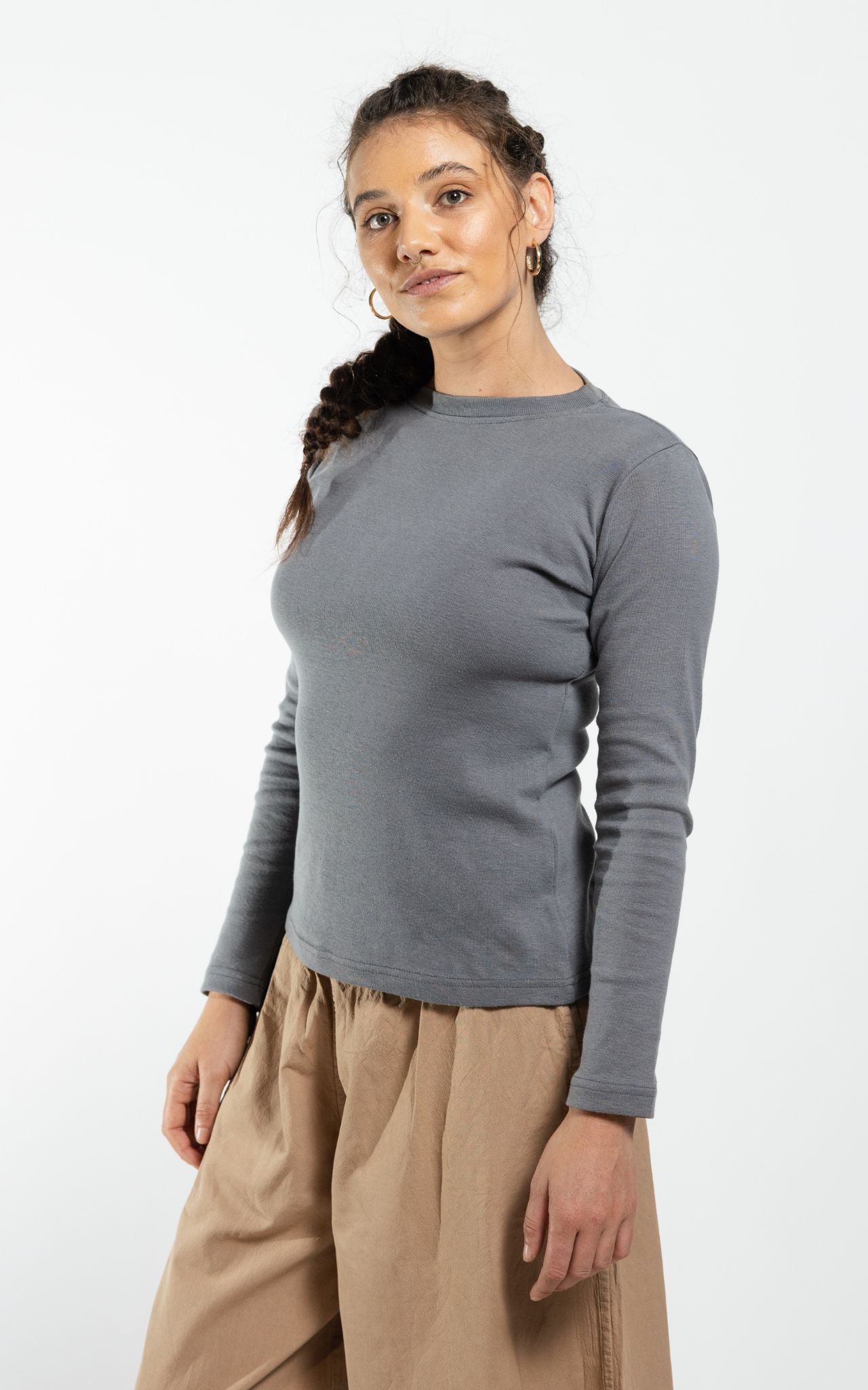 Surya Australia Ethical Ribbed Cotton Long Sleeve Top - Grey