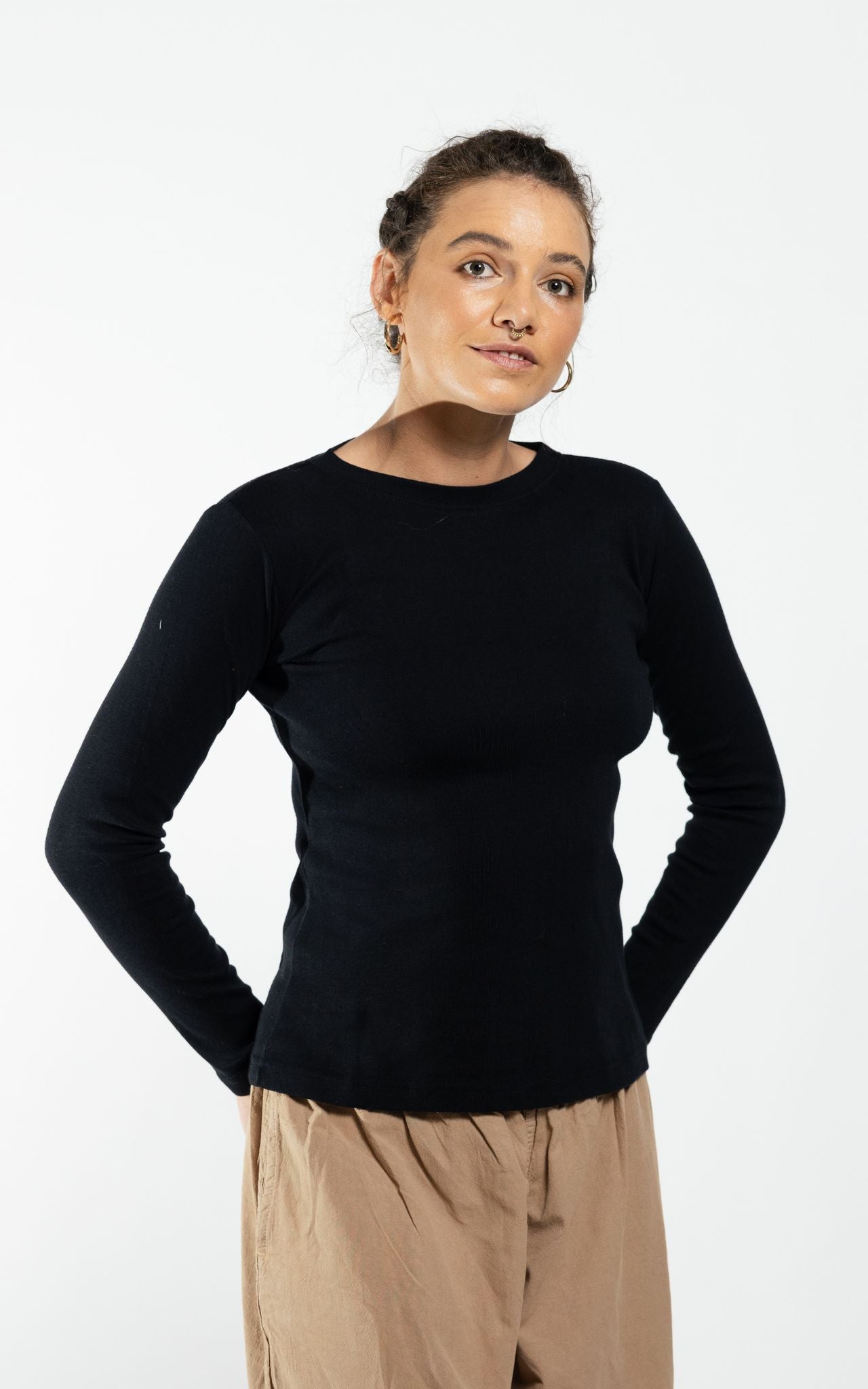 Surya Australia Ethical Ribbed Cotton Long Sleeve Top - Black