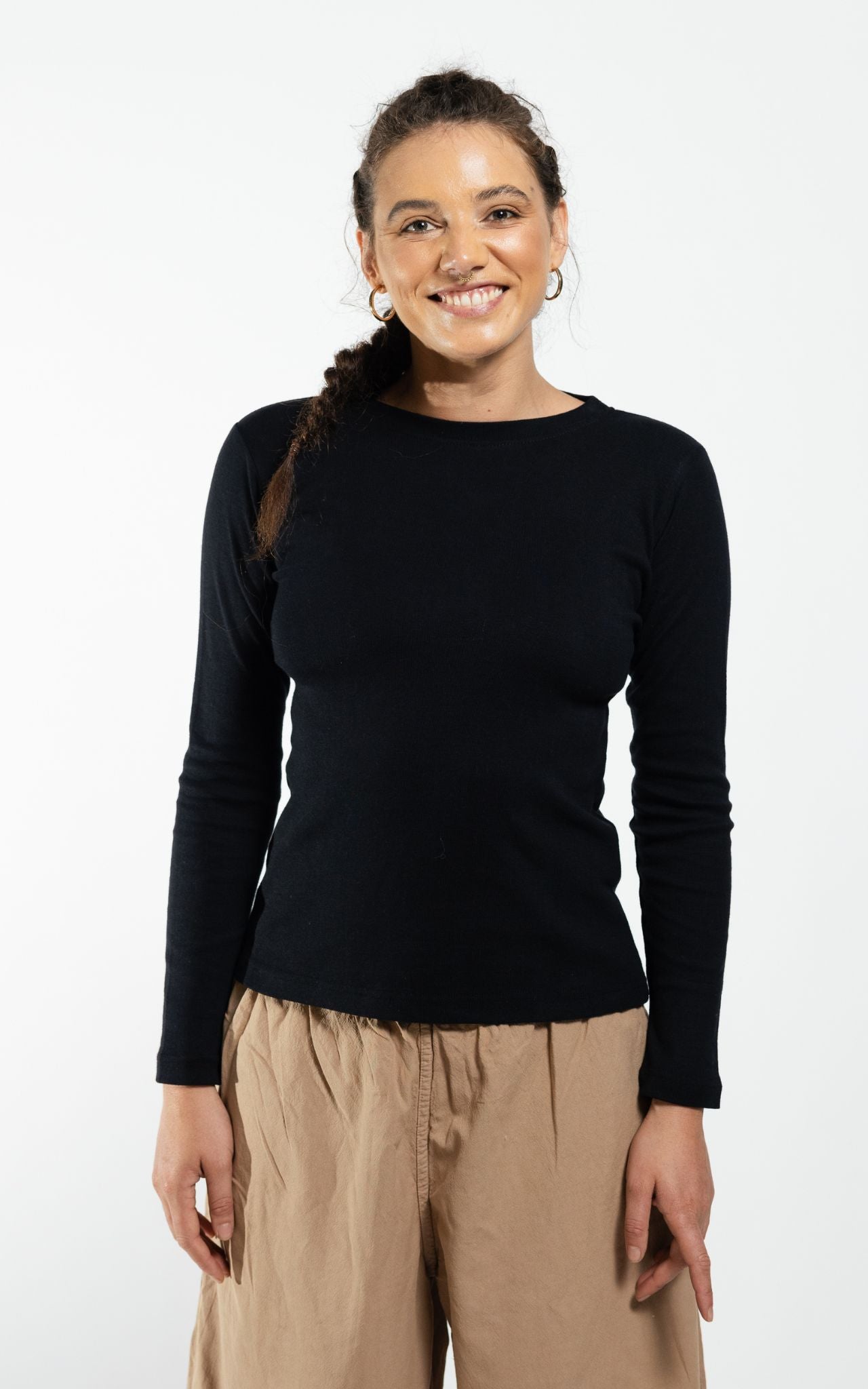 Surya Australia Ethical Ribbed Cotton Long Sleeve Top - Black