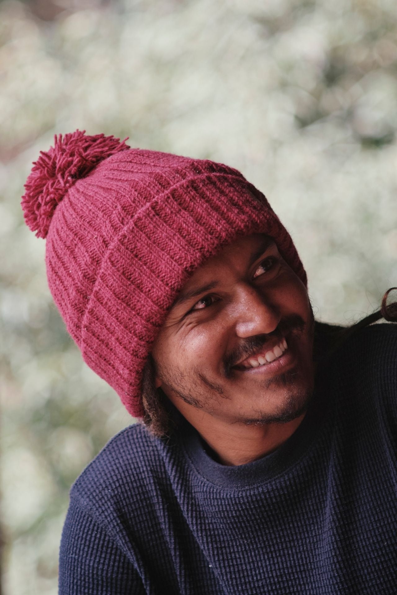 Surya Australia Ethical Wool Pompom Beanie for Men from Nepal - Maroon