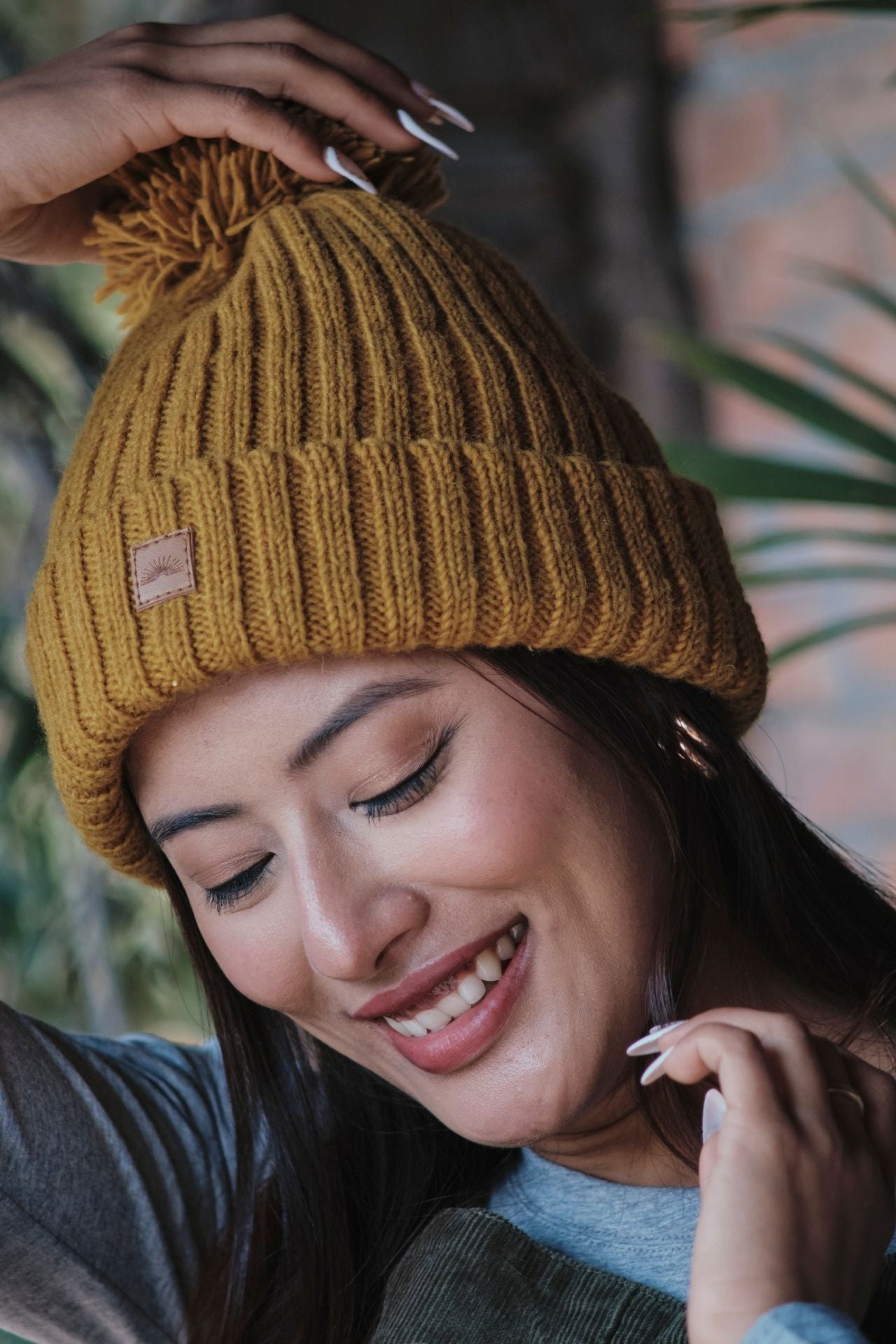 Surya Australia Wool 'Pompom' Beanie for women made in Nepal - Mustard