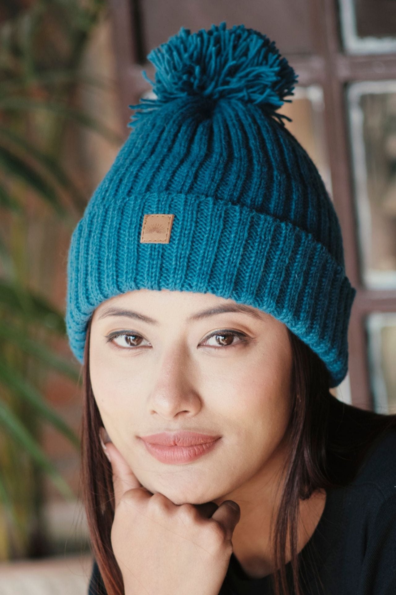 Surya Australia Wool 'Pompom' Beanie for women made in Nepal - Cobalt