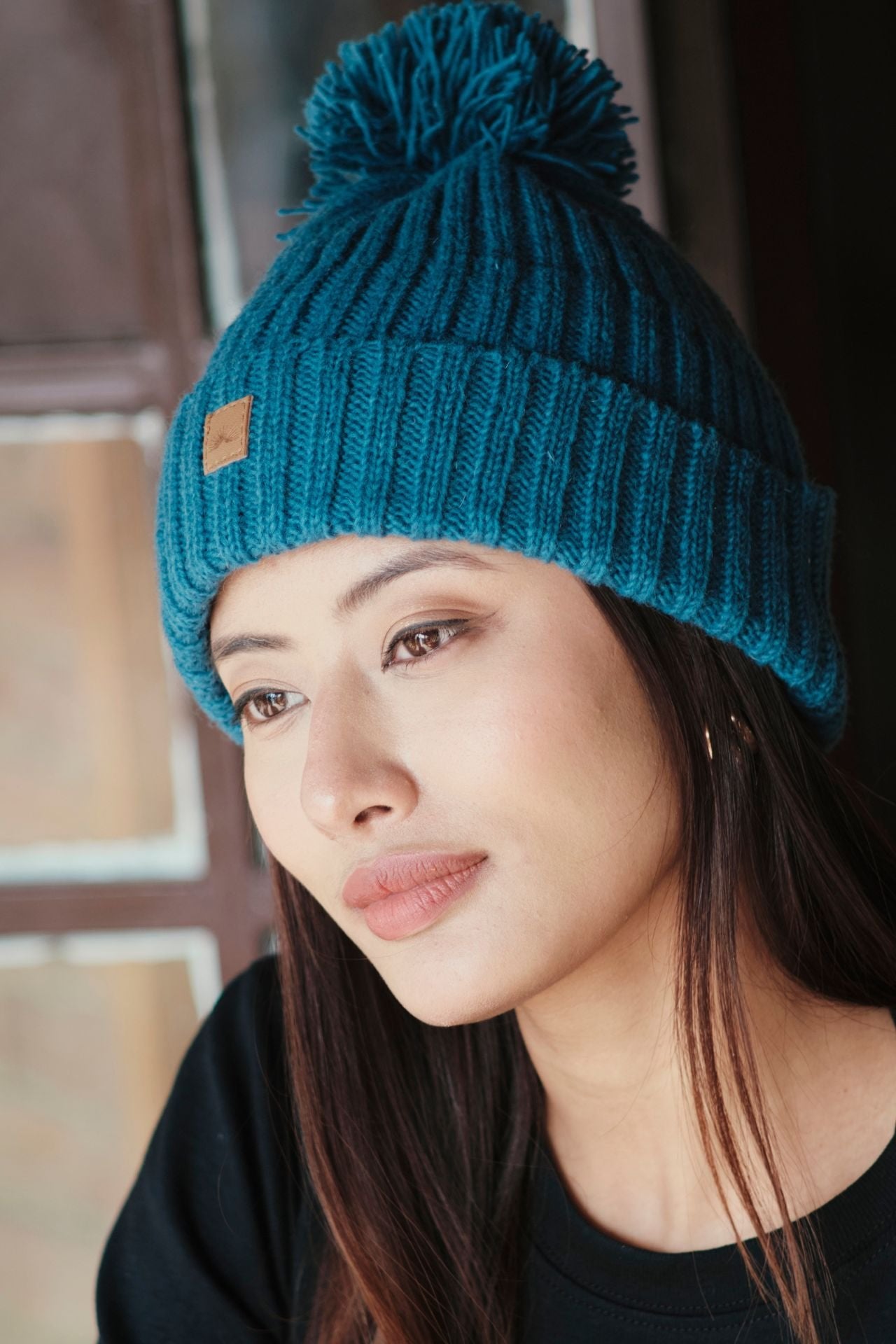 Surya Australia Wool 'Pompom' Beanie for women made in Nepal - Cobalt