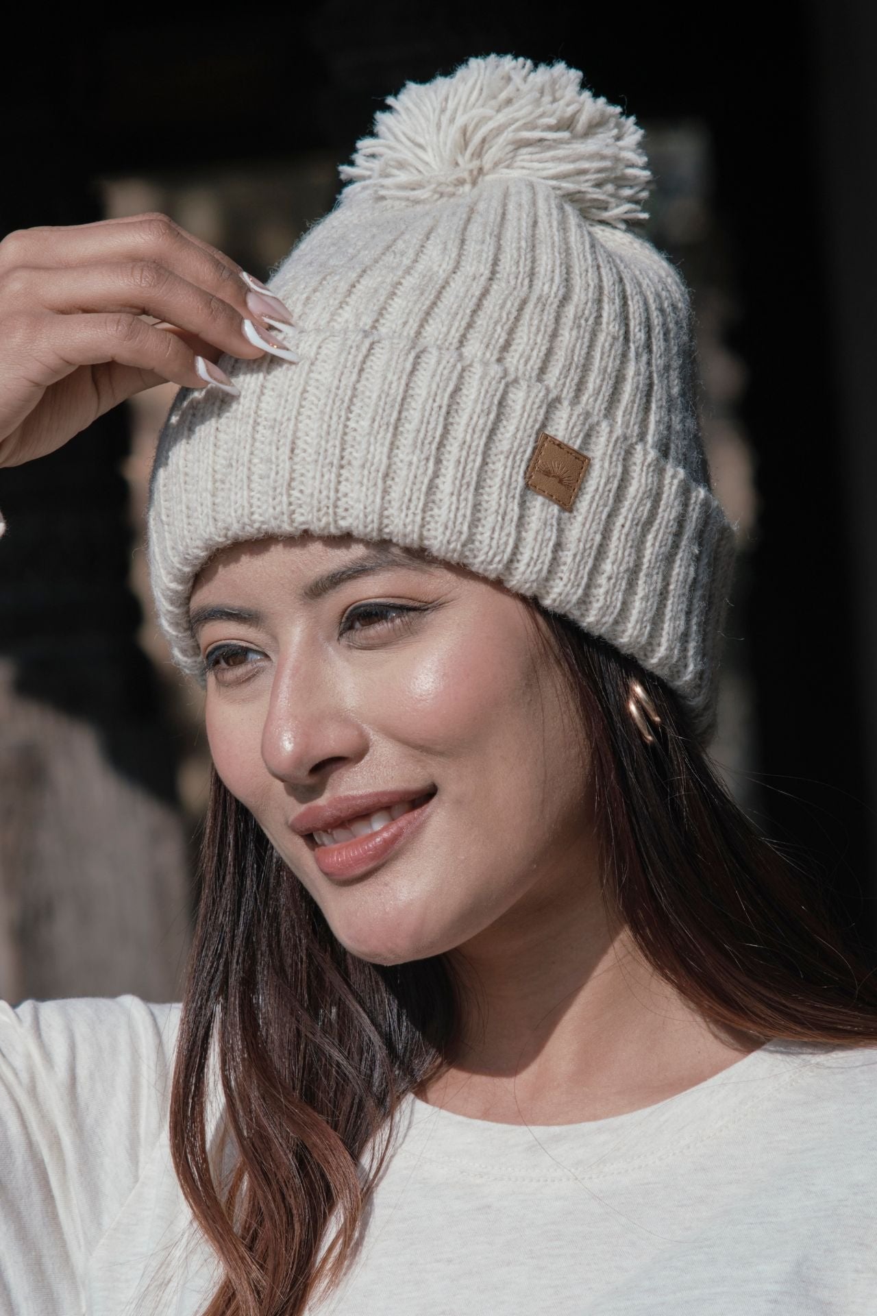 Surya Australia Wool 'Pompom' Beanie for women made in Nepal - Oatmeal