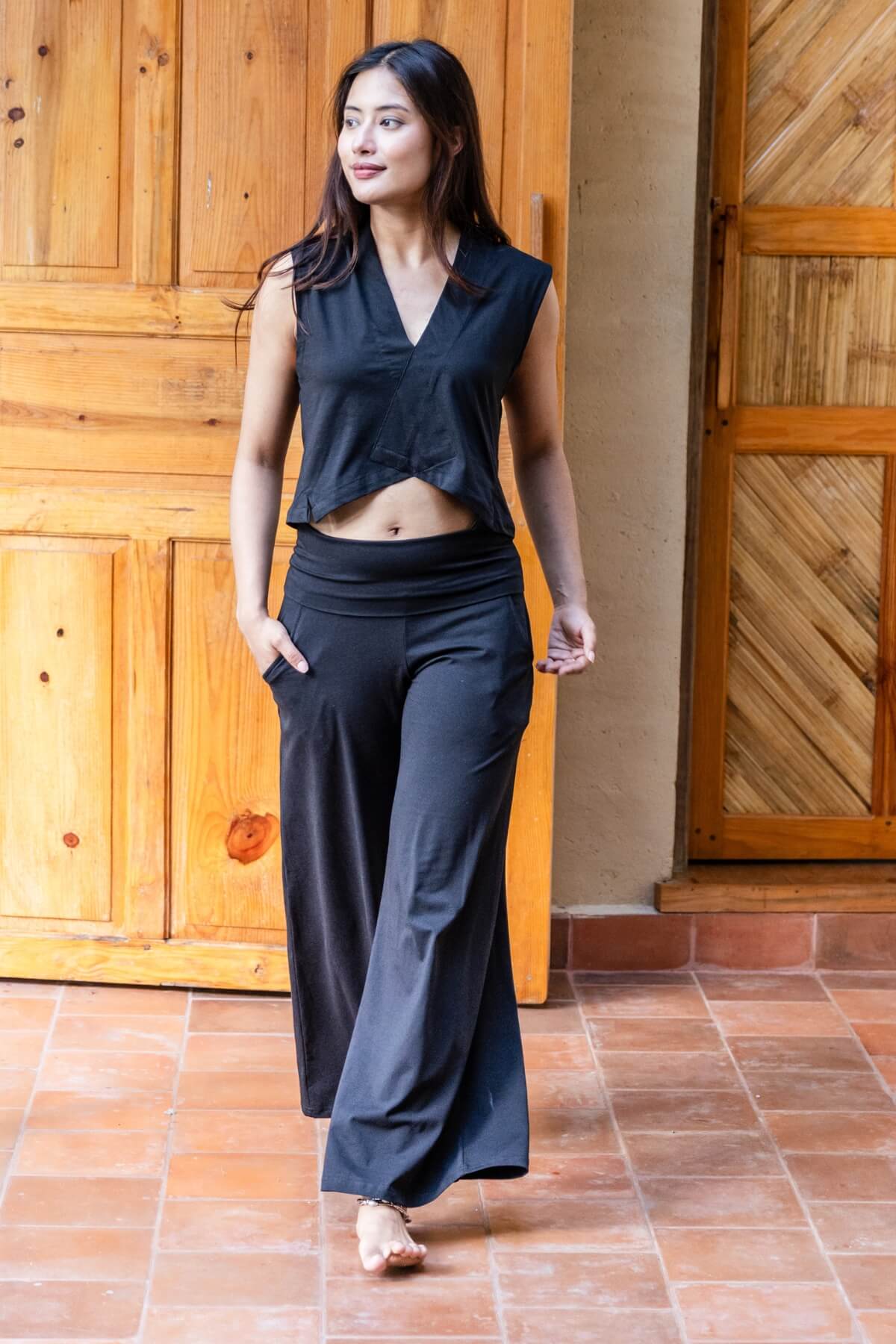 Organic cotton yoga Pants with turn down waistband - on location in Nepal