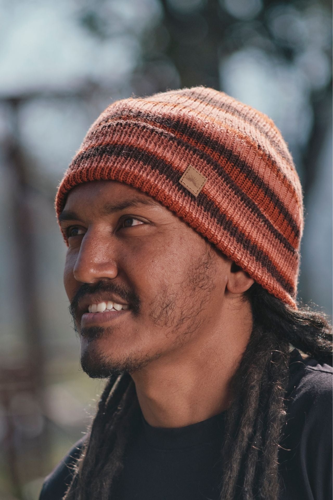 Surya Australia Merino Wool Fisherman Beanie (Striped) made in Nepal - Rust